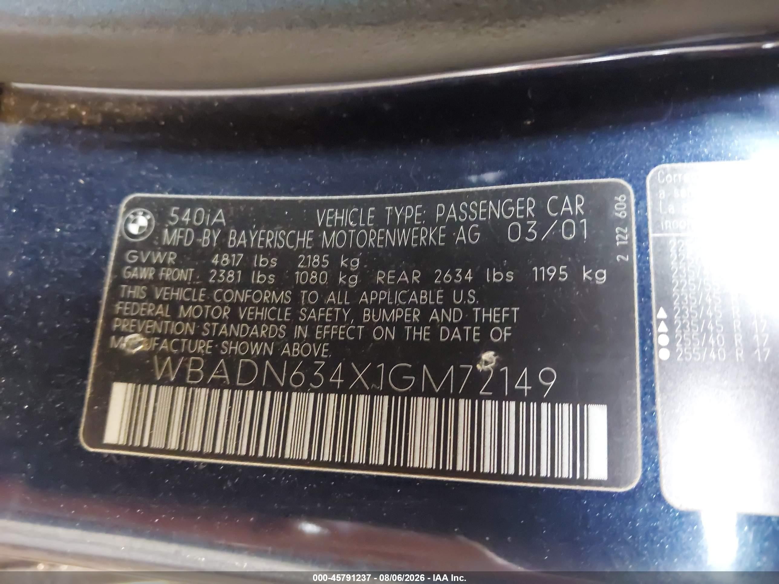 2001 Bmw 540ia Синий vin: WBADN634X1GM72149
