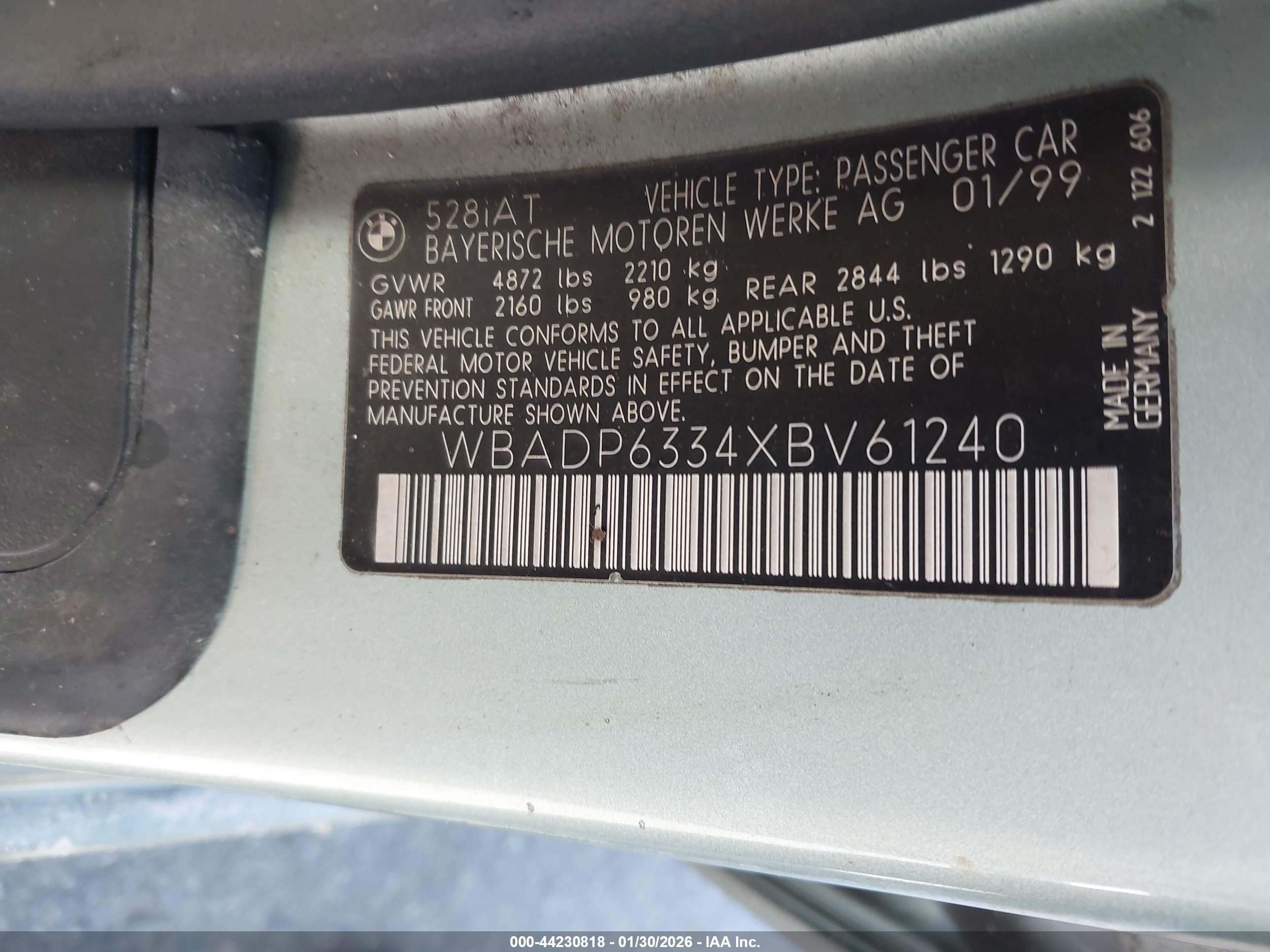 1999 Bmw 528ia Sport Light Blue vin: WBADP6334XBV61240