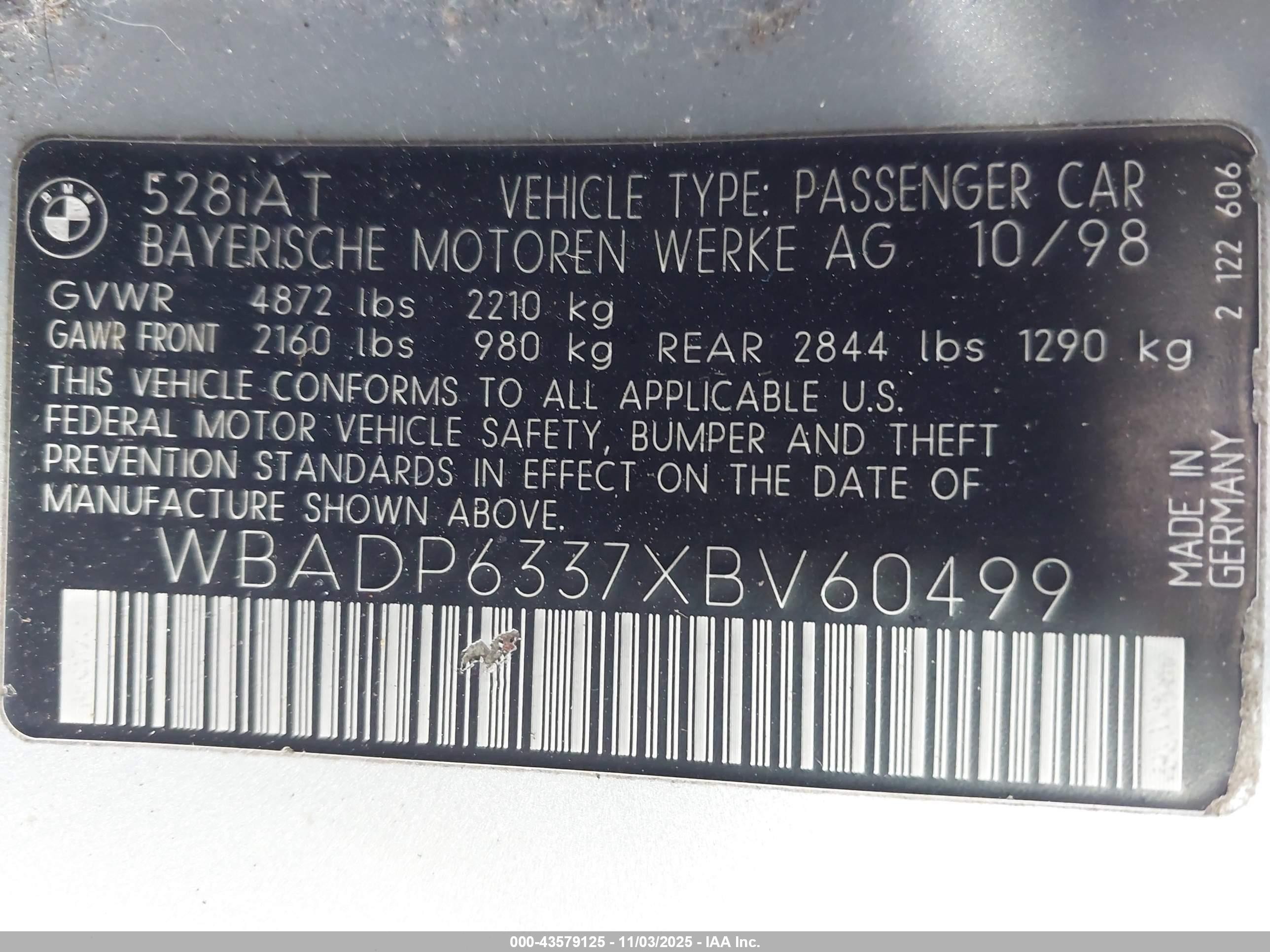 1999 Bmw 528ia Sport Серебряный vin: WBADP6337XBV60499