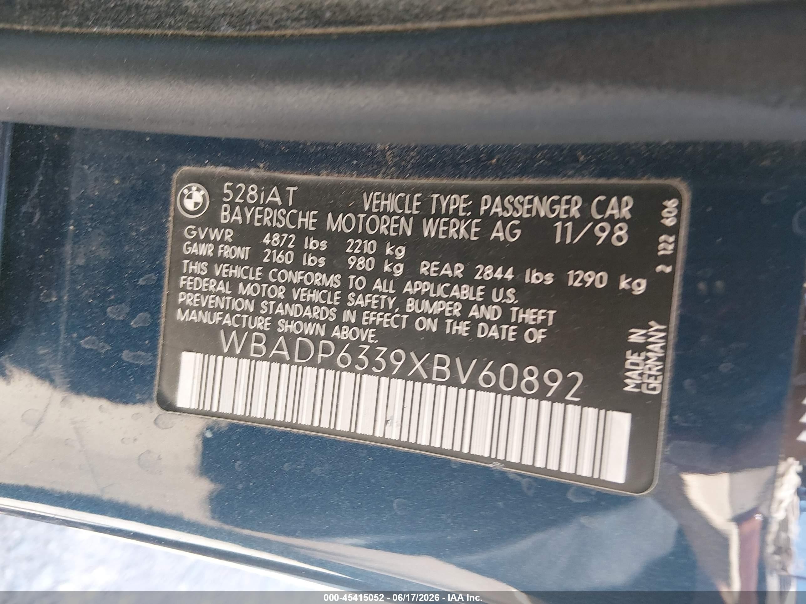 1999 Bmw 528ia Sport Blue vin: WBADP6339XBV60892