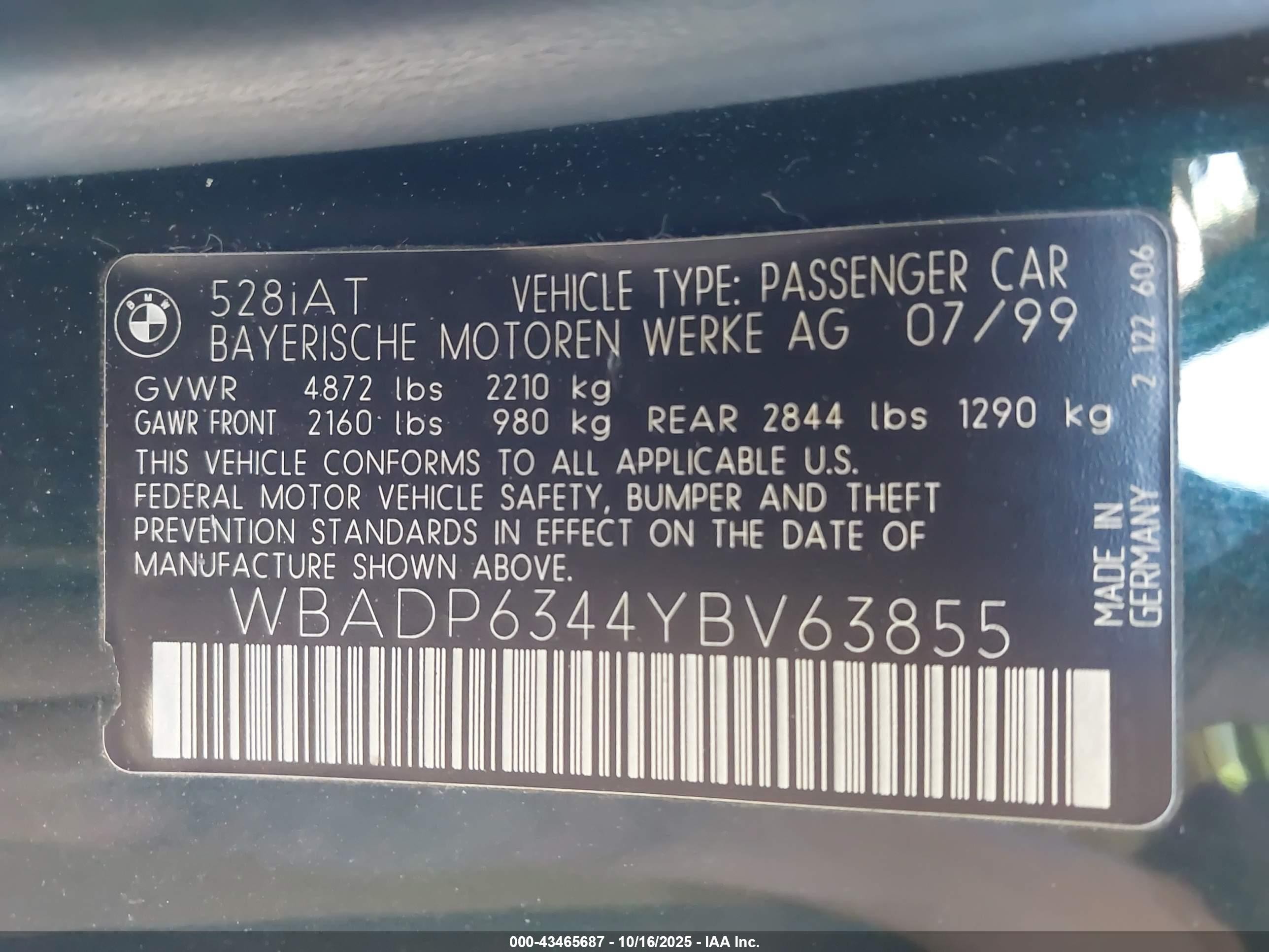 2000 Bmw 528ia Sport Green vin: WBADP6344YBV63855
