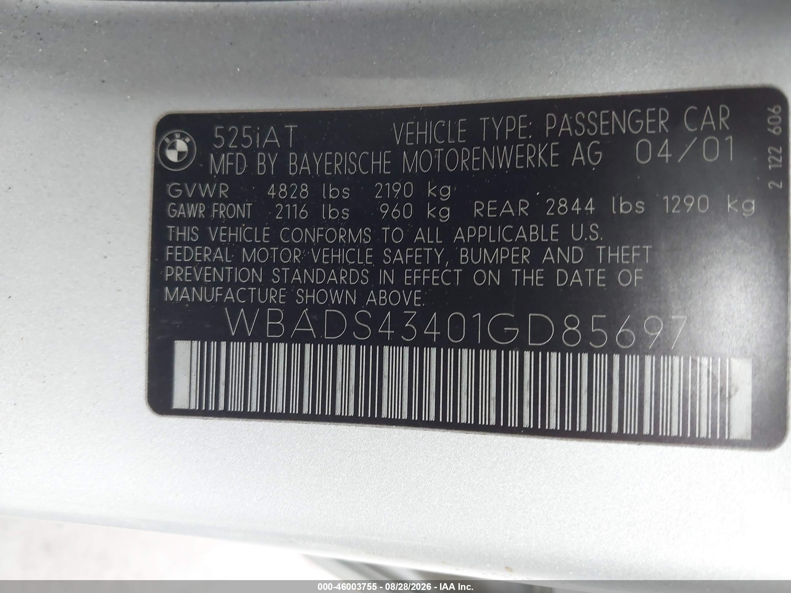 2001 Bmw 525ia   Silver vin: WBADS43401GD85697