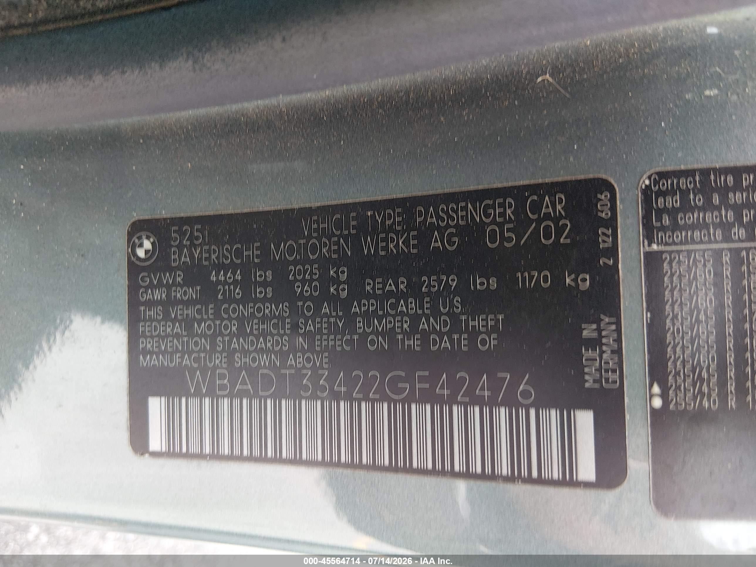 2002 Bmw 5 Series 525i Teal vin: WBADT33422GF42476