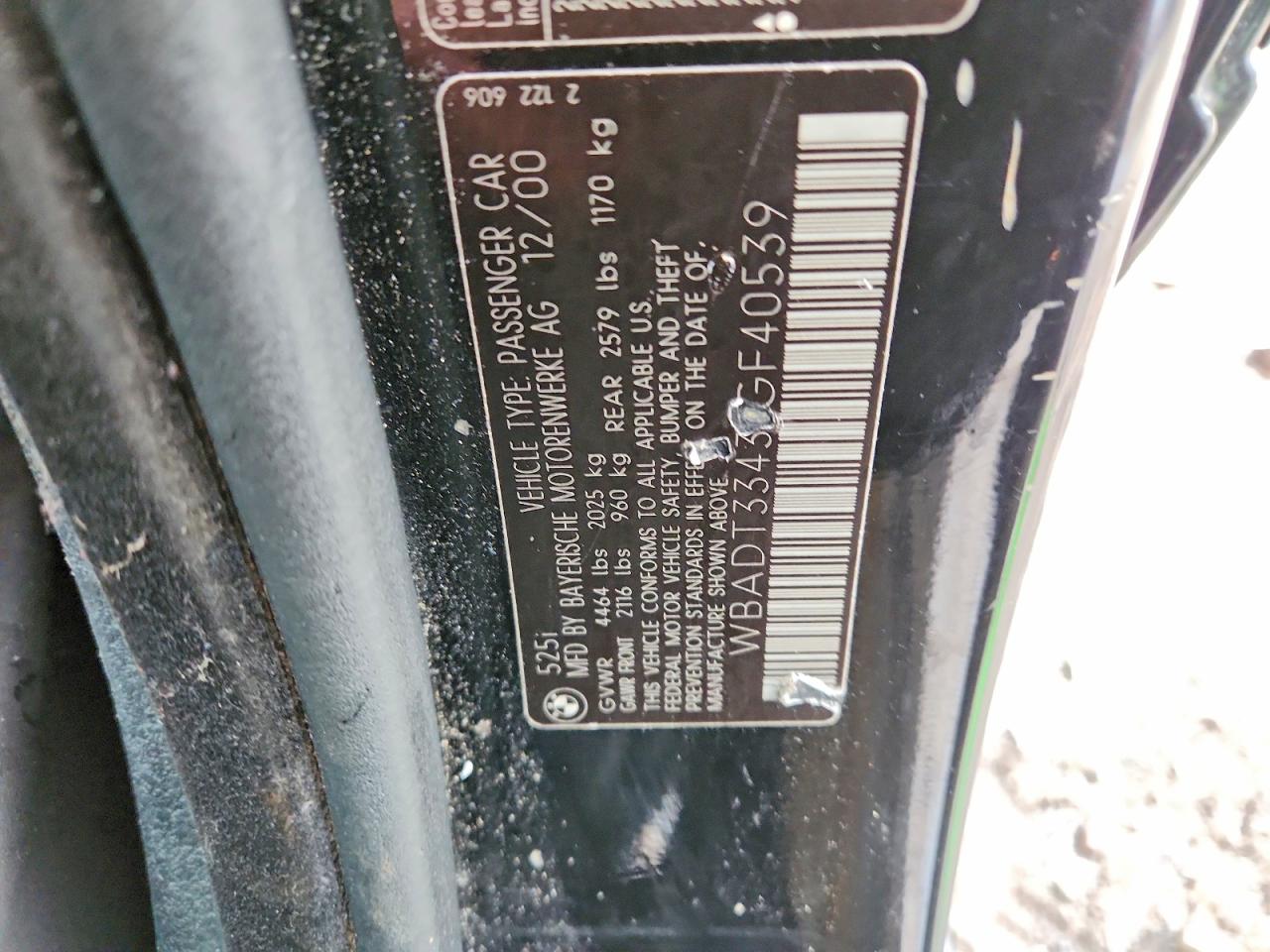 2001 Bmw 525 I Black vin: WBADT33431GF40539