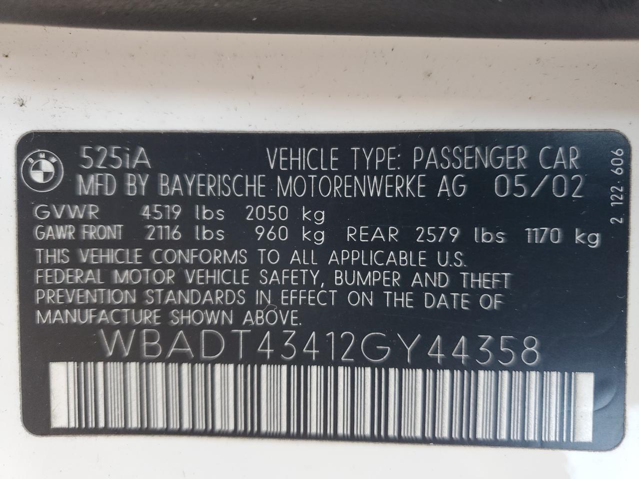 2002 Bmw 525 I Automatic Белый vin: WBADT43412GY44358