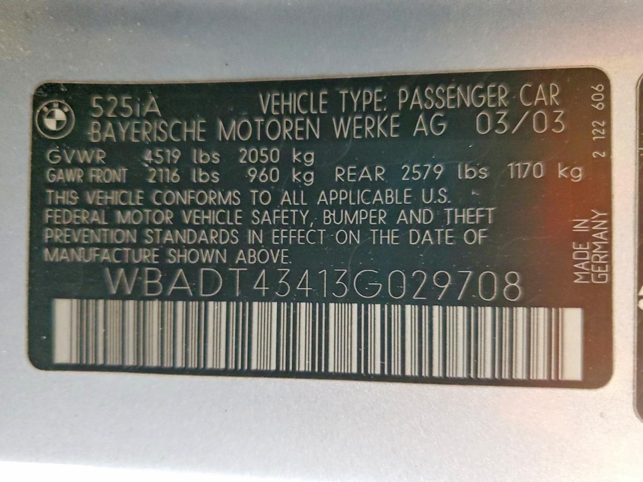 2003 Bmw 525 I Automatic Silver vin: WBADT43413G029708