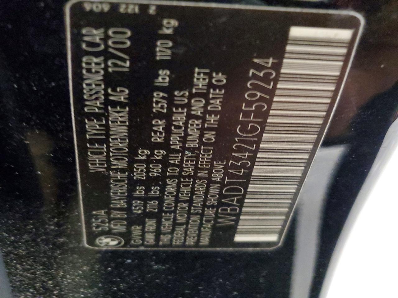 2001 Bmw 525 I Automatic Black vin: WBADT43421GF59234