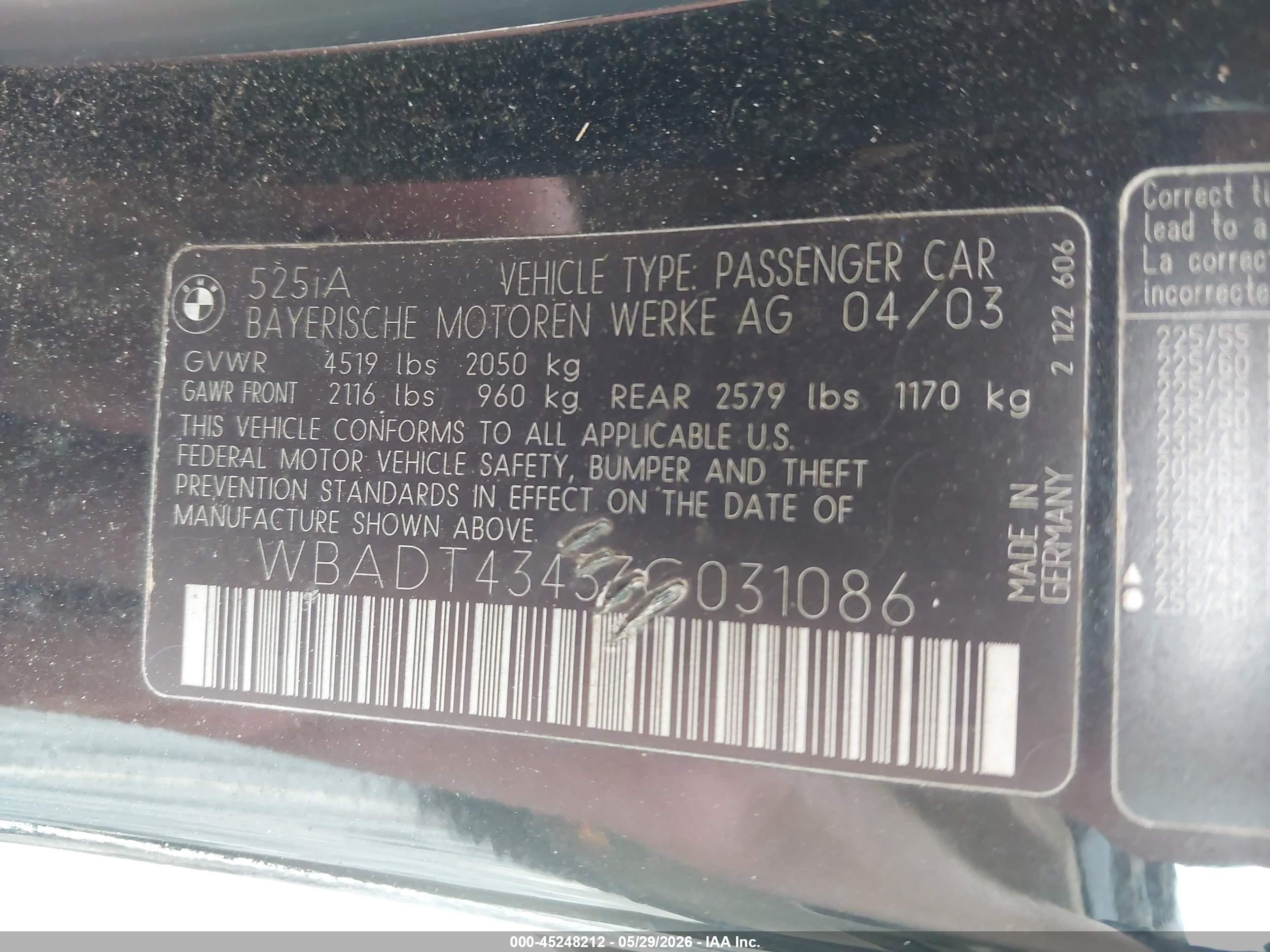 2003 Bmw 525ia   Черный vin: WBADT43433G031086