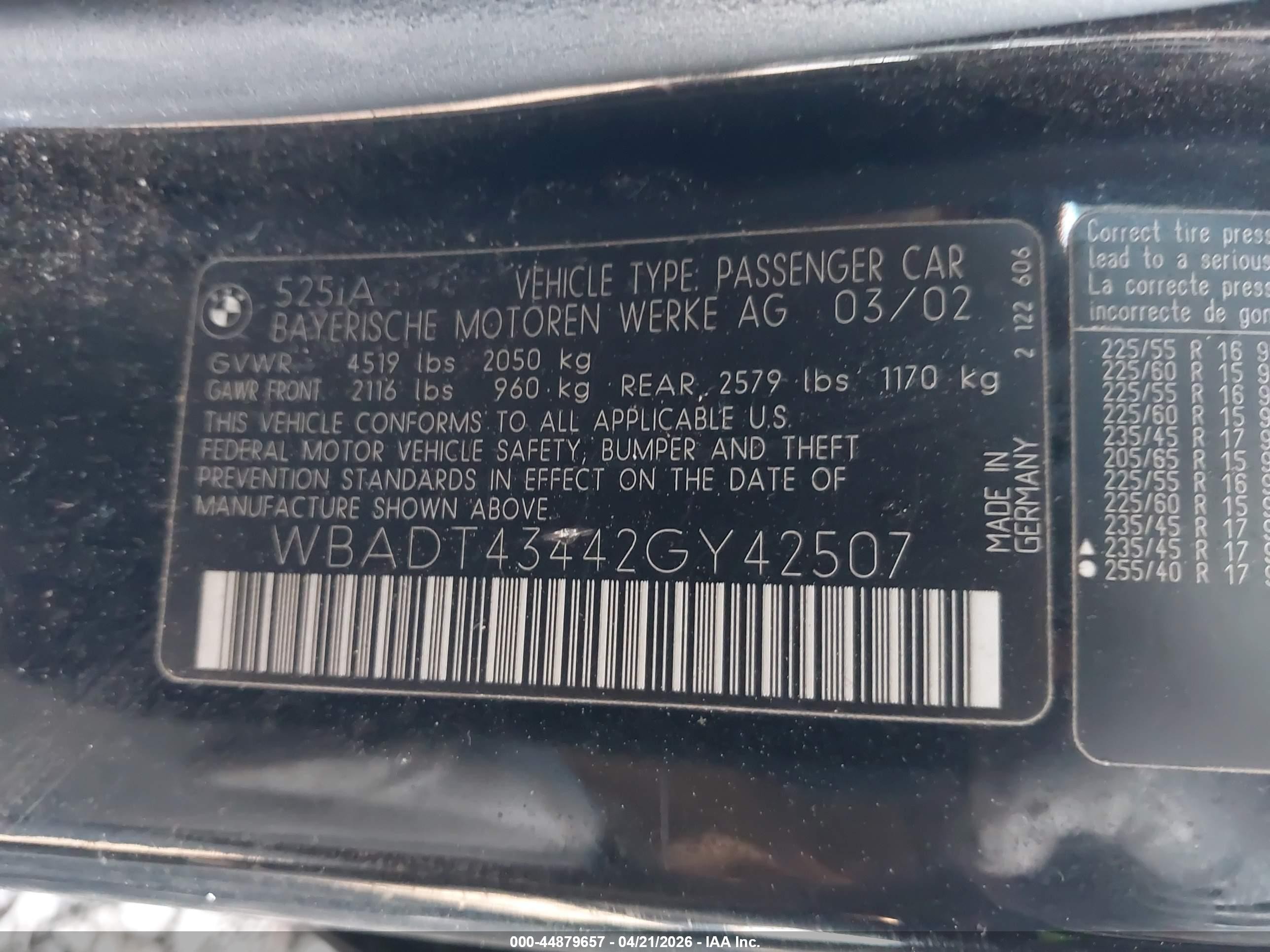 2002 Bmw 525ia Black vin: WBADT43442GY42507