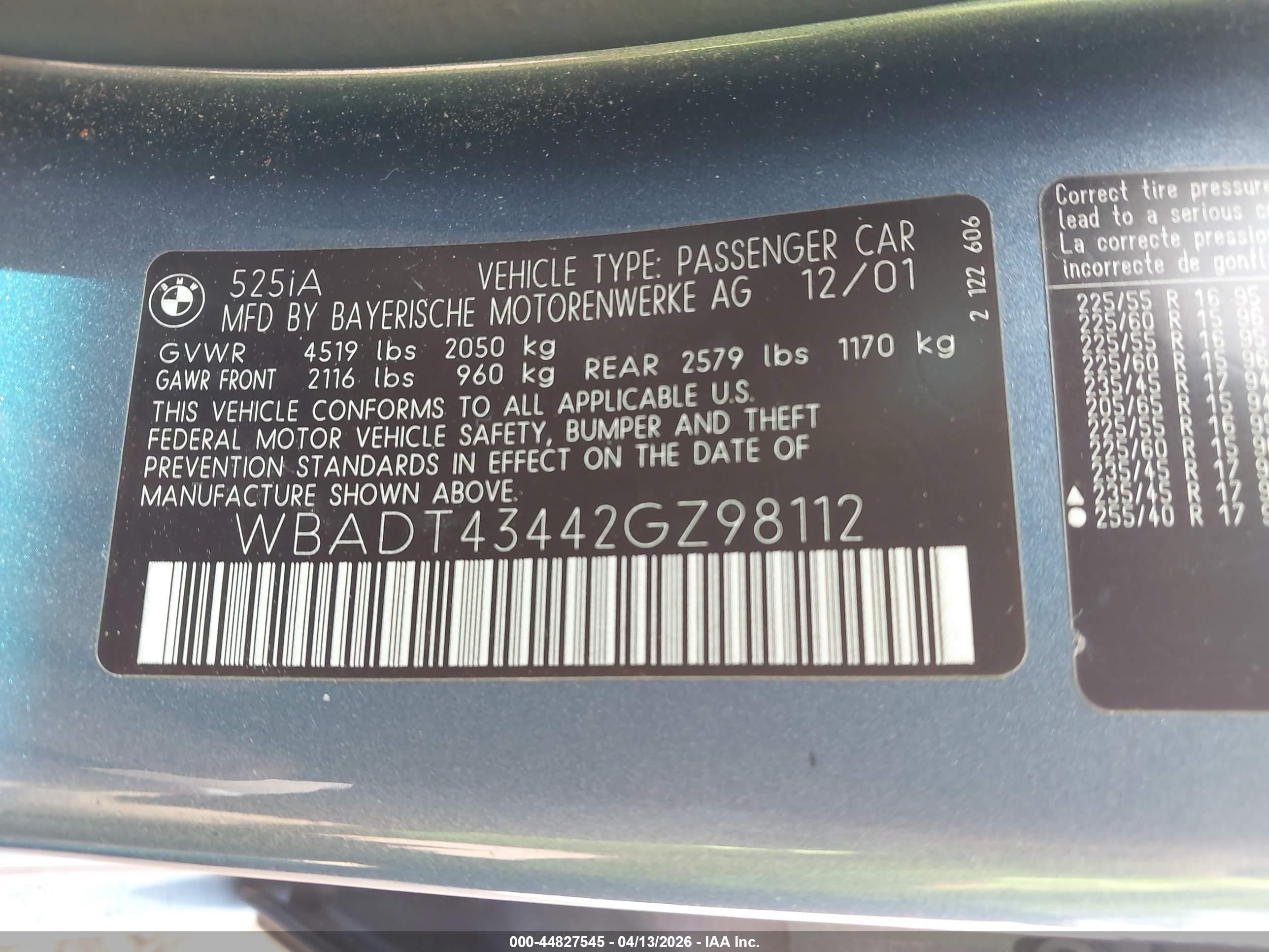 2002 Bmw 525ia   Light Blue vin: WBADT43442GZ98112