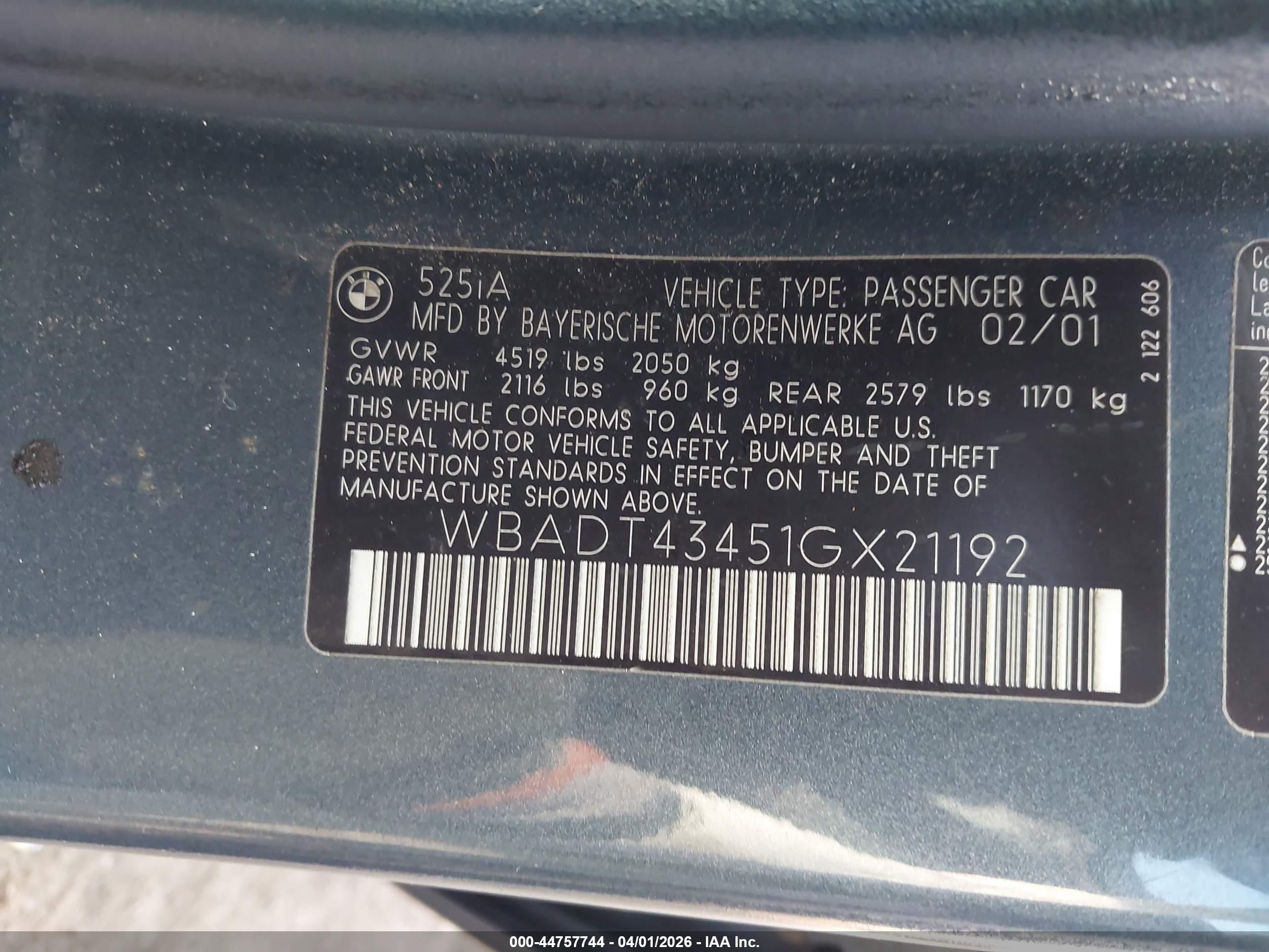 2001 Bmw 525ia   Light Blue vin: WBADT43451GX21192