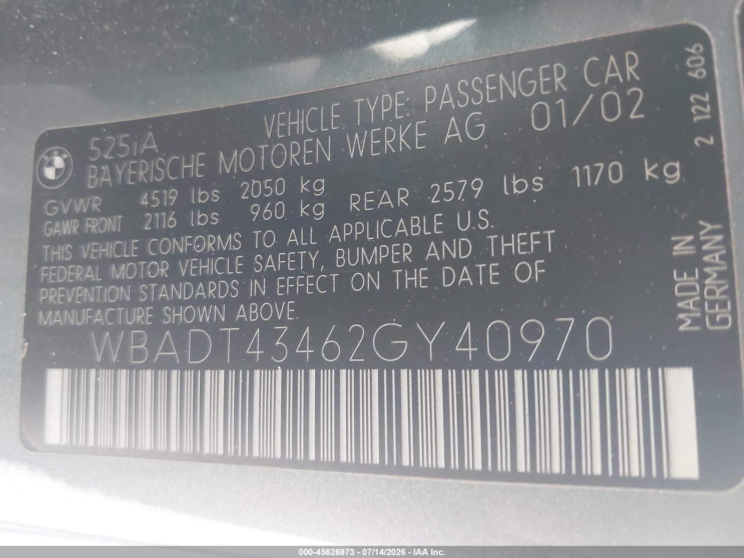 2002 Bmw 5 Series 525ia Green vin: WBADT43462GY40970