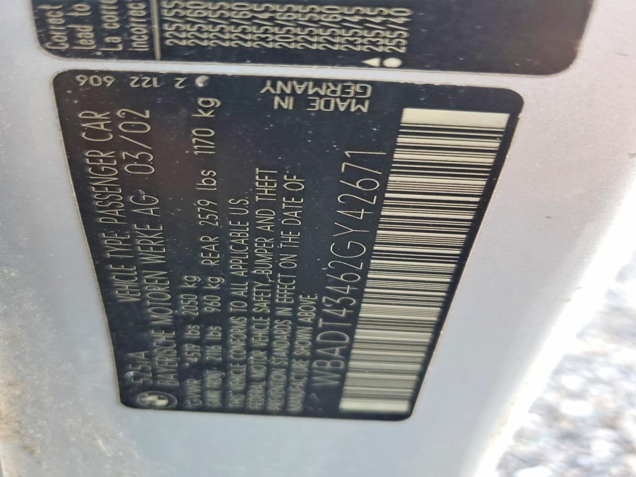 2002 Bmw 525 I Automatic Серебряный vin: WBADT43462GY42671