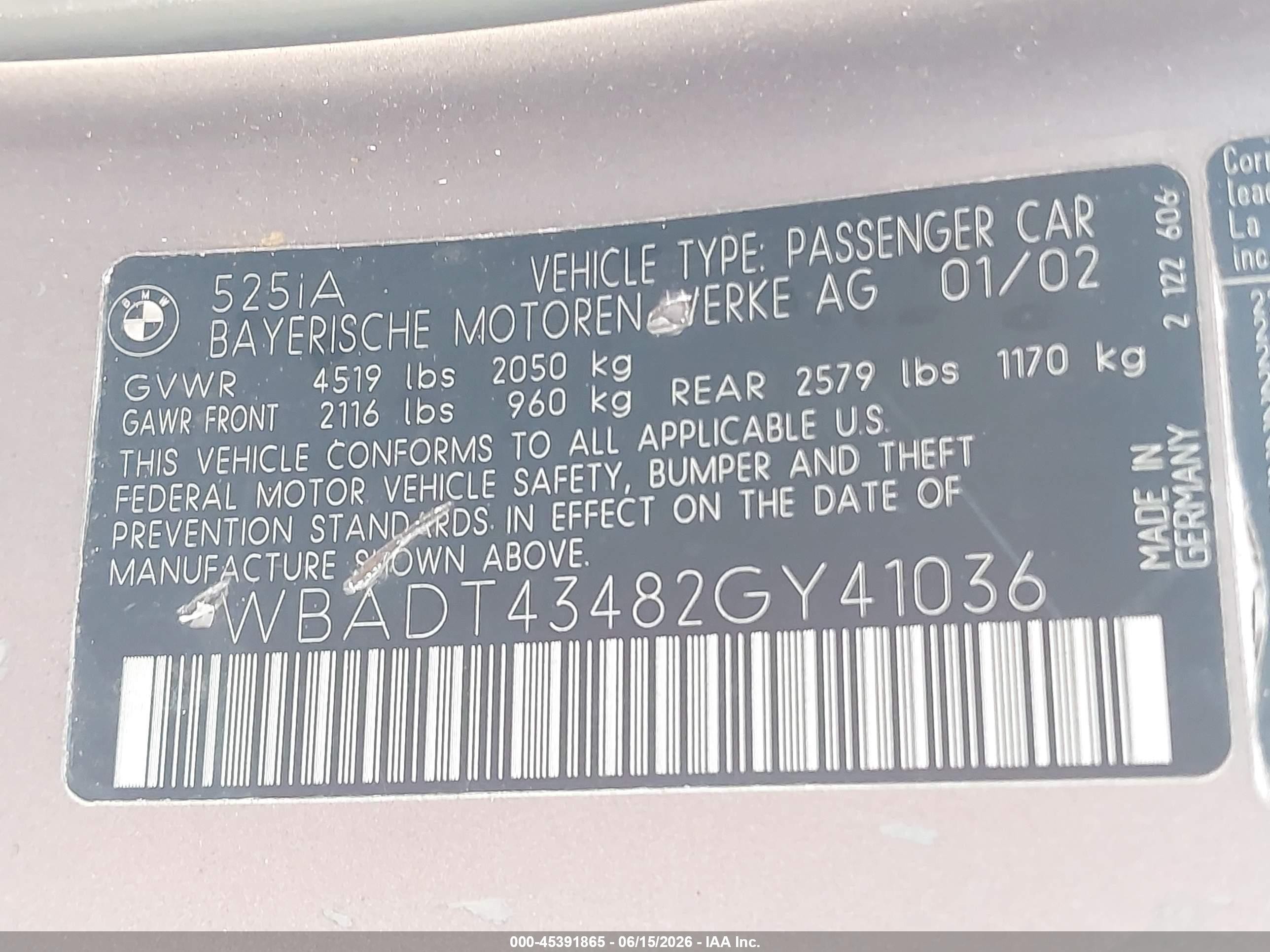 2002 Bmw 5 Series 525ia Gold vin: WBADT43482GY41036