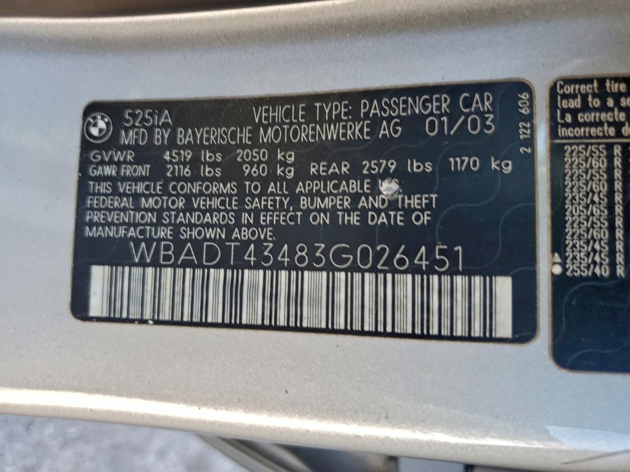 2003 Bmw 525 I Automatic Silver vin: WBADT43483G026451