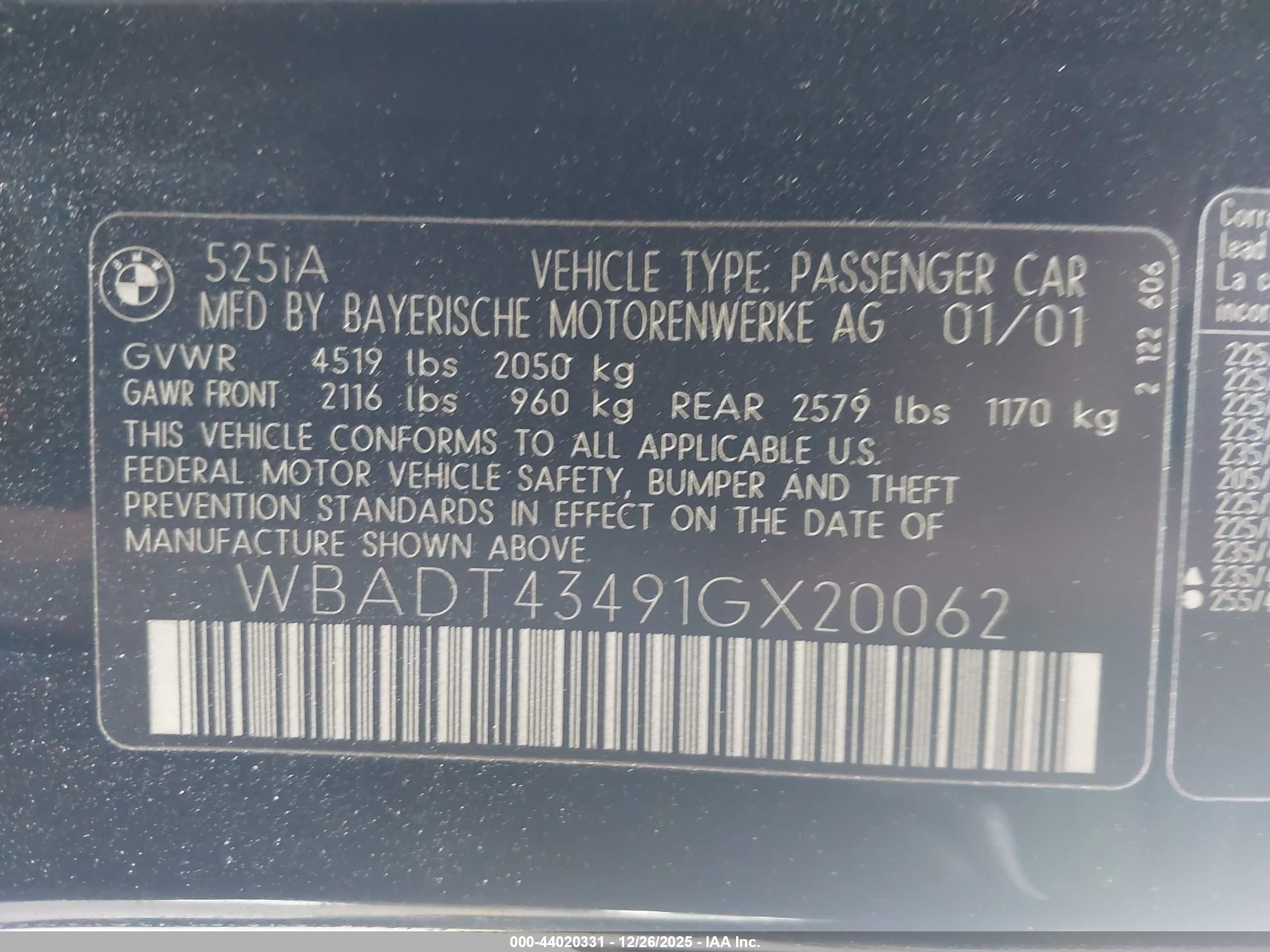 2001 Bmw 525ia   Black vin: WBADT43491GX20062