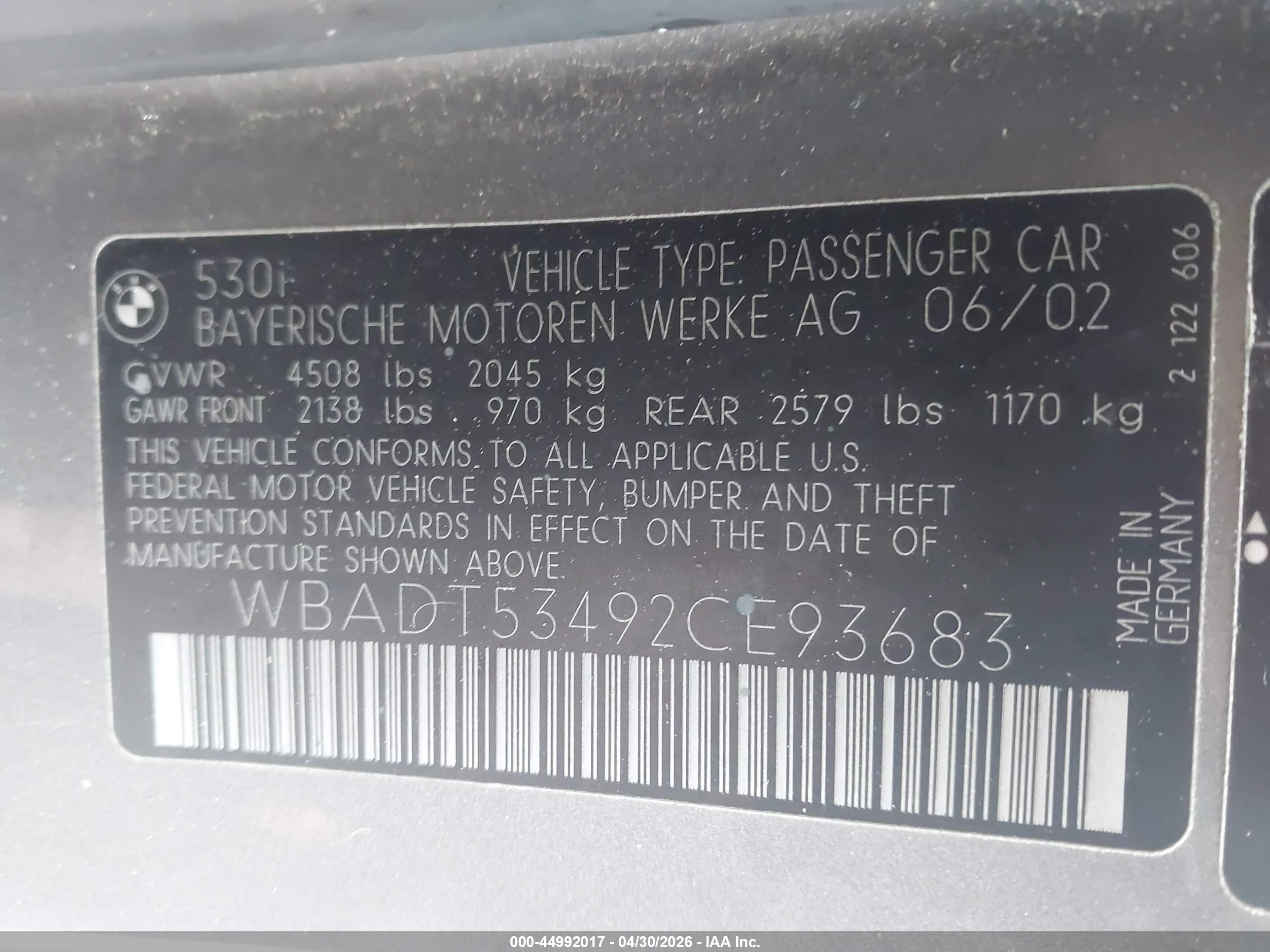 2002 Bmw 530i   Gray vin: WBADT53492CE93683