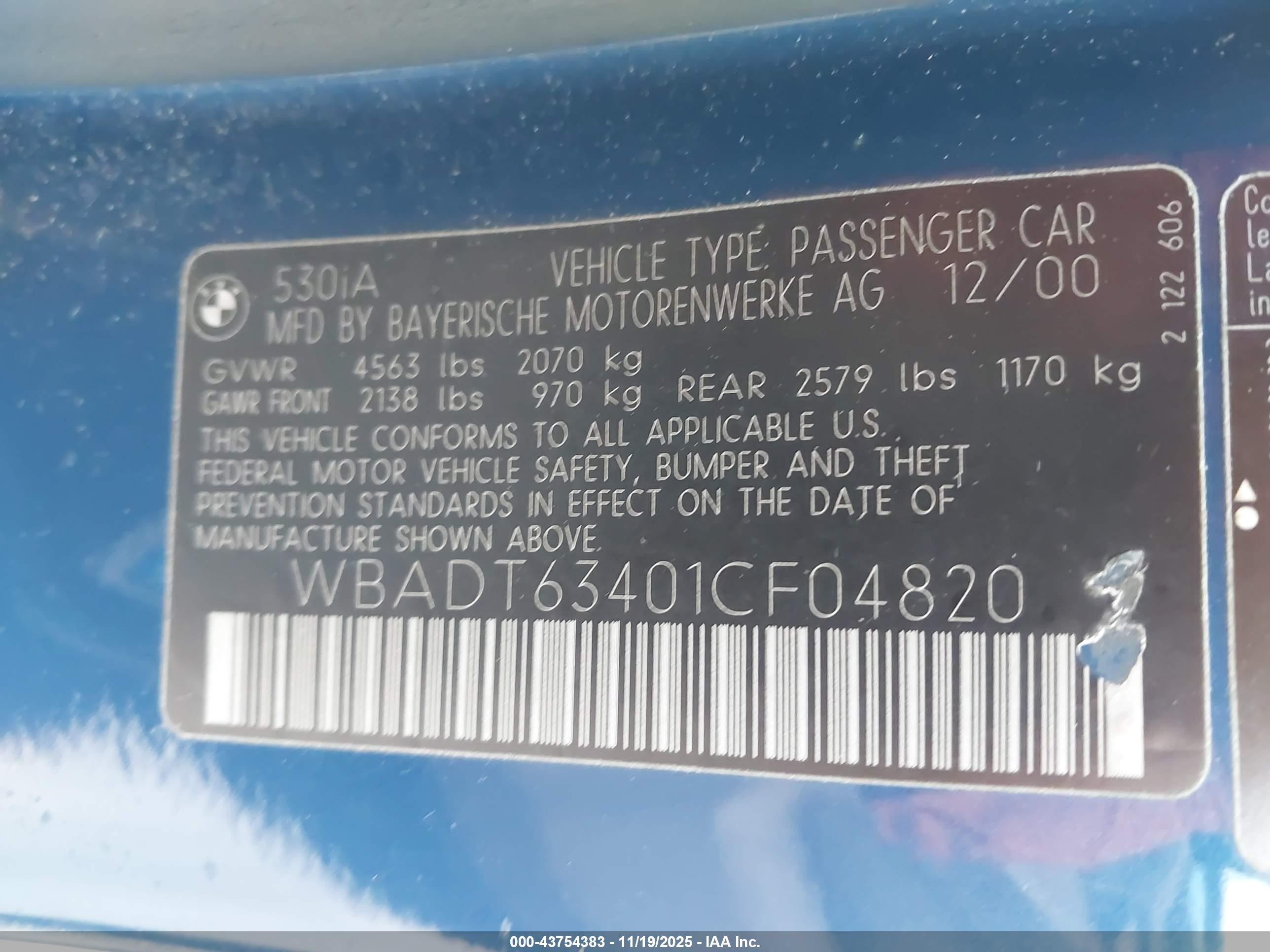 2001 Bmw 530ia   Blue vin: WBADT63401CF04820