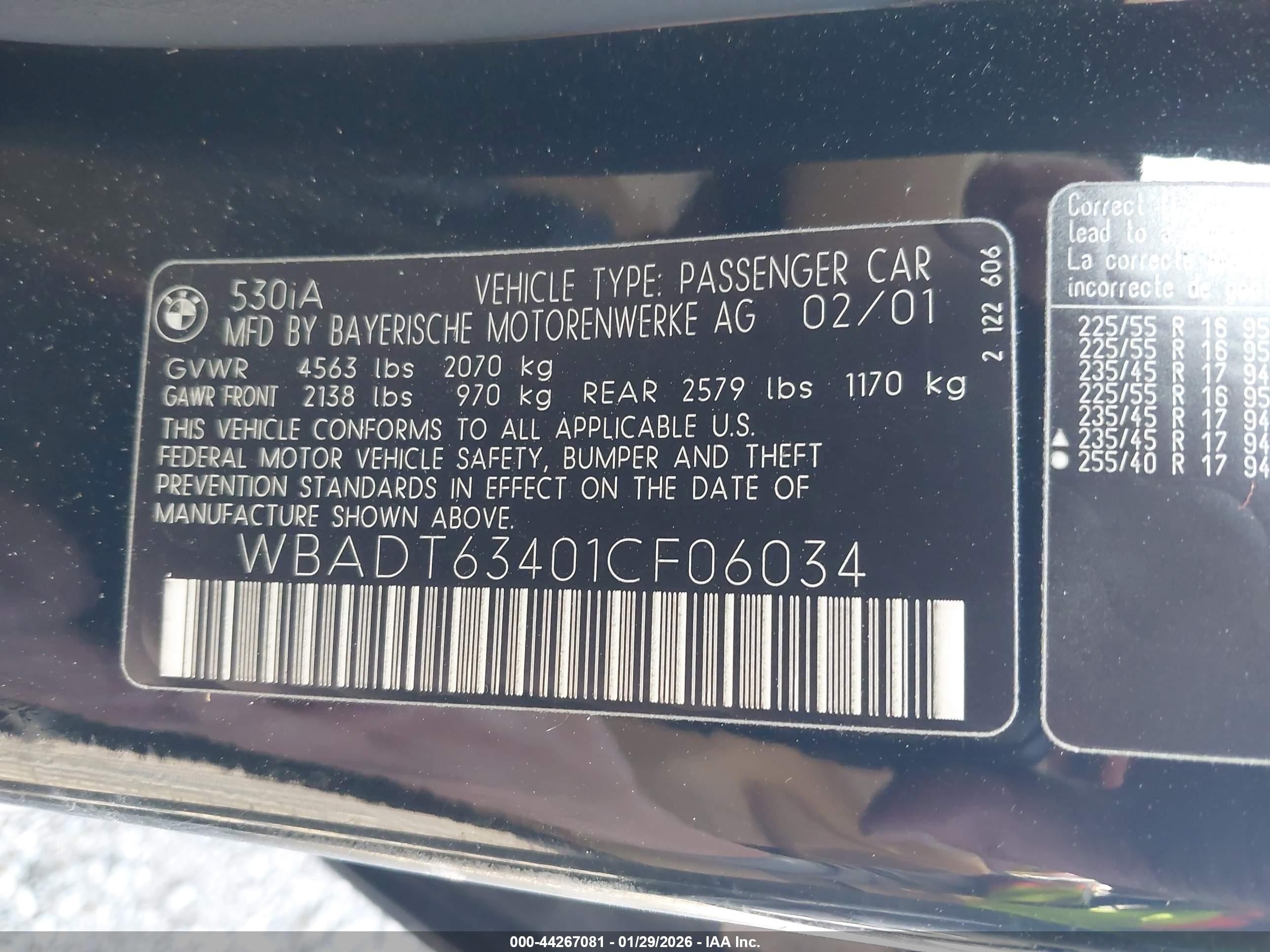 2001 Bmw 530ia   Black vin: WBADT63401CF06034