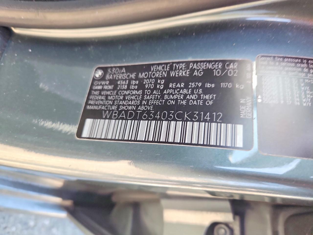 2003 Bmw 530 I Automatic Charcoal vin: WBADT63403CK31412