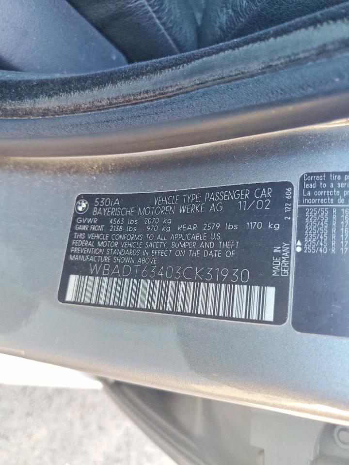 2003 Bmw 530 I Automatic Gray vin: WBADT63403CK31930