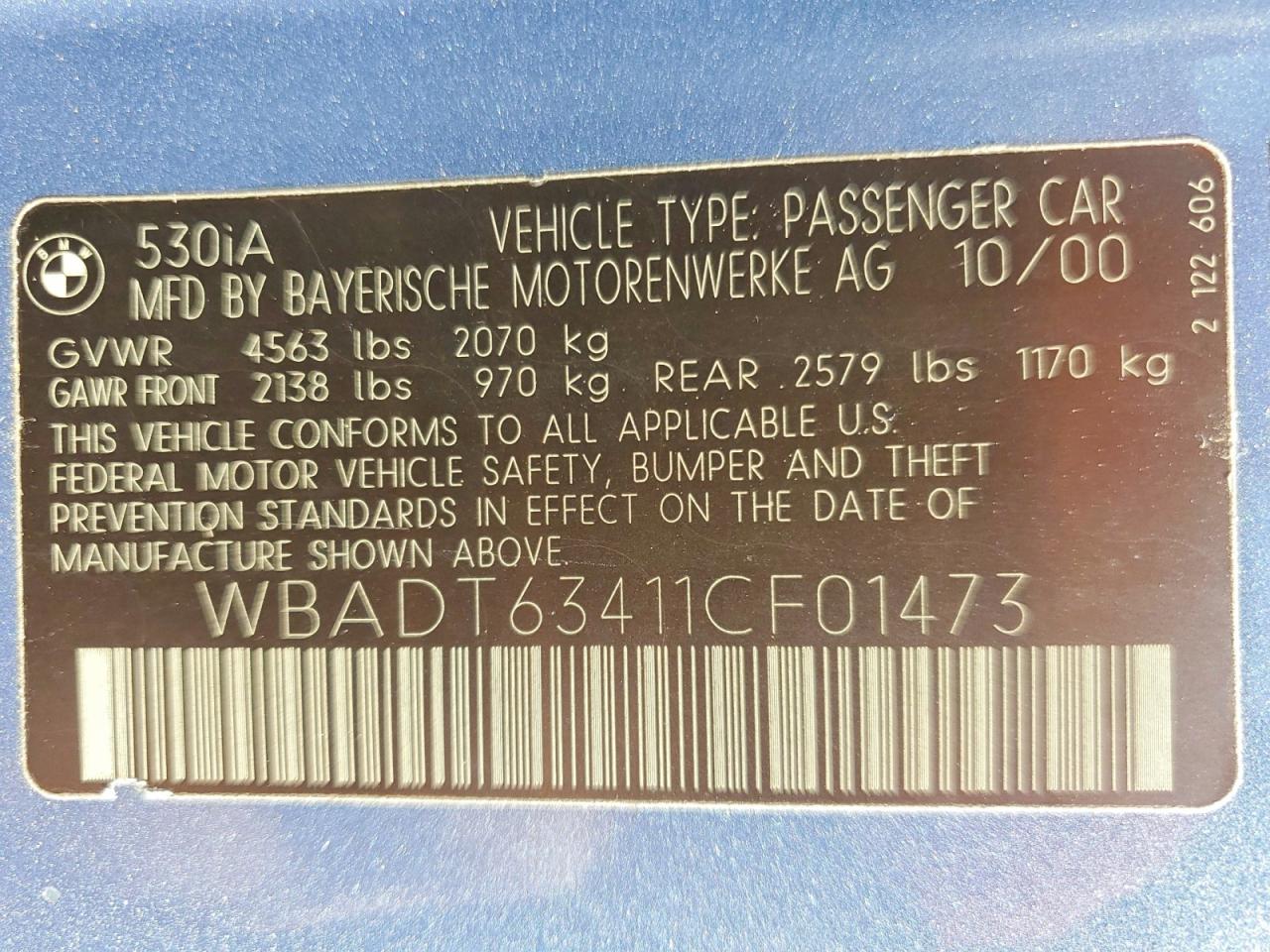 2001 Bmw 530 I Automatic Blue vin: WBADT63411CF01473