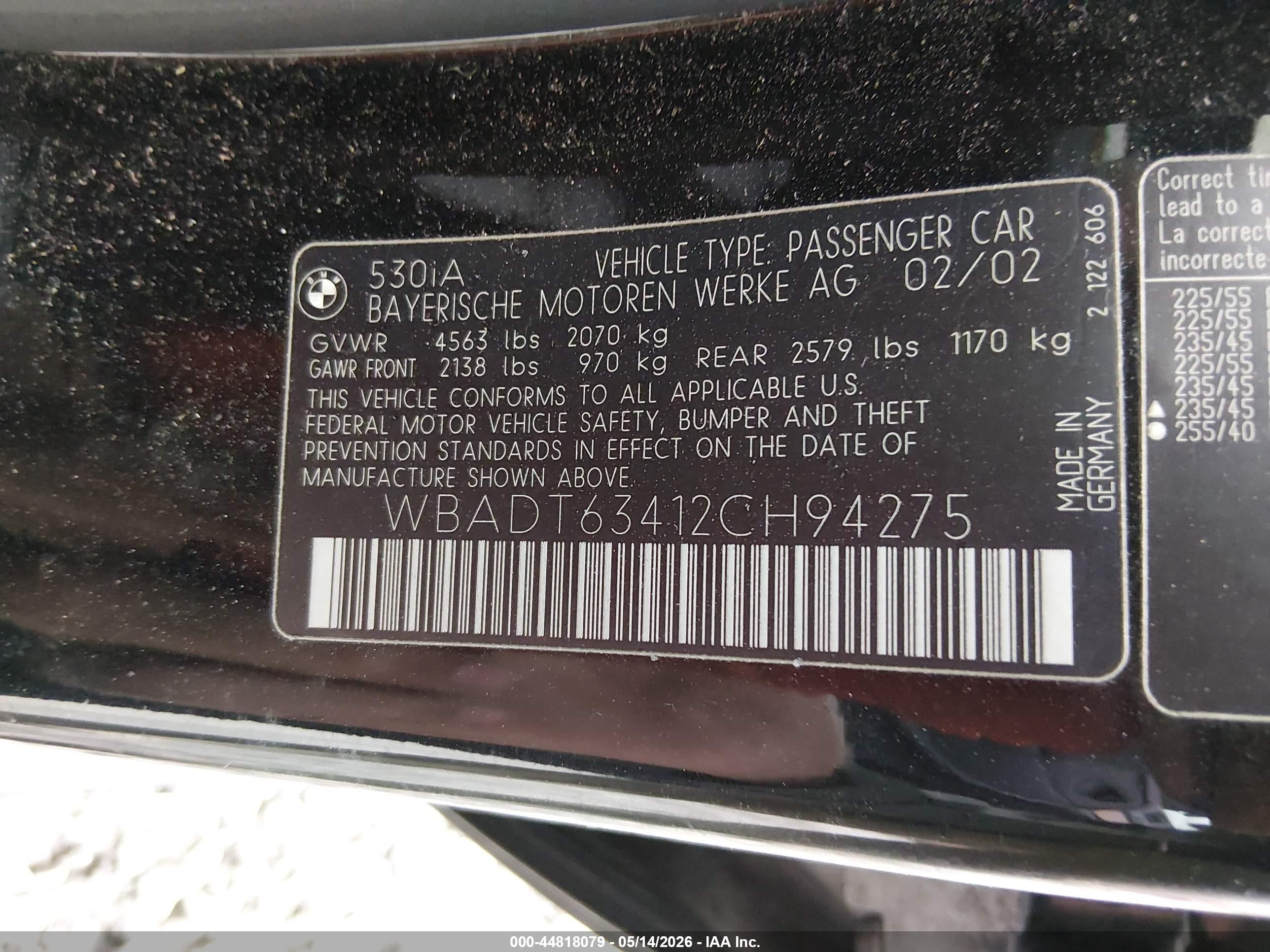 2002 Bmw 530ia   Черный vin: WBADT63412CH94275