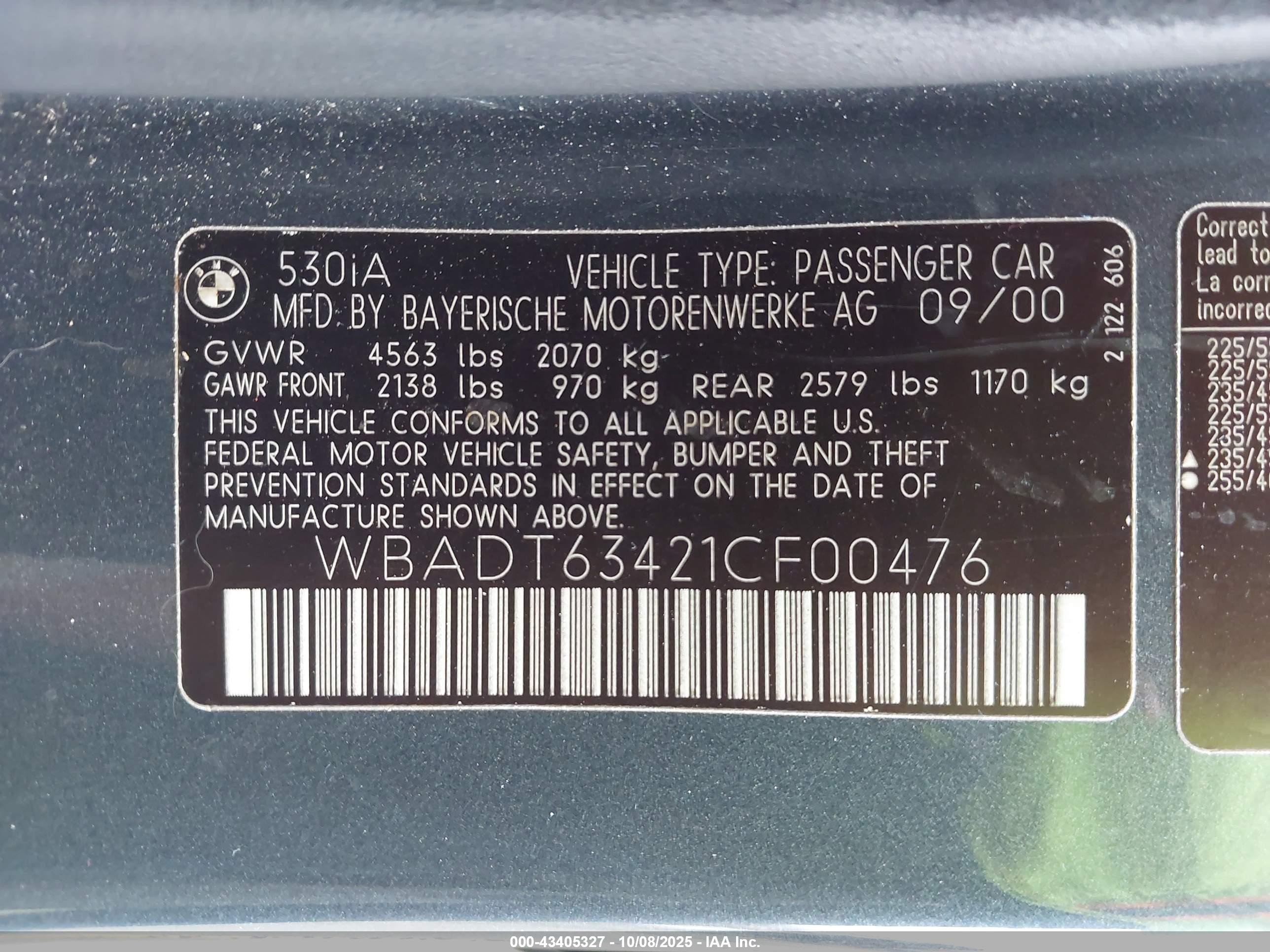 2001 Bmw 530ia   Gray vin: WBADT63421CF00476