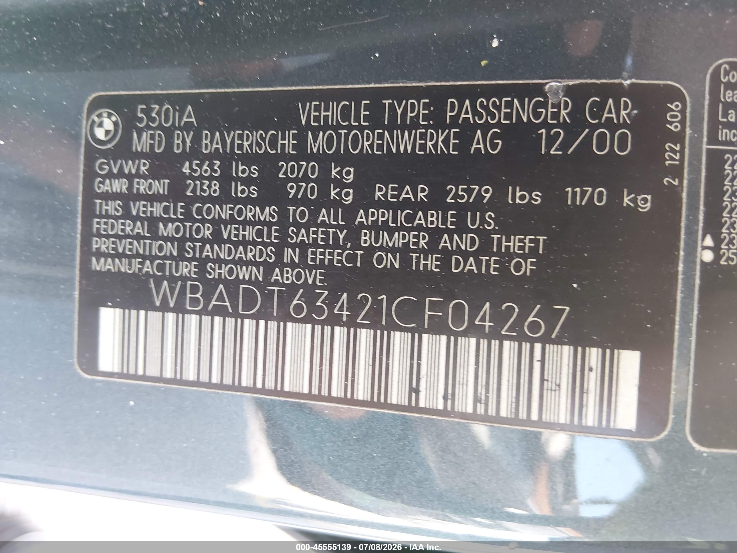 2001 Bmw 530ia   Gray vin: WBADT63421CF04267