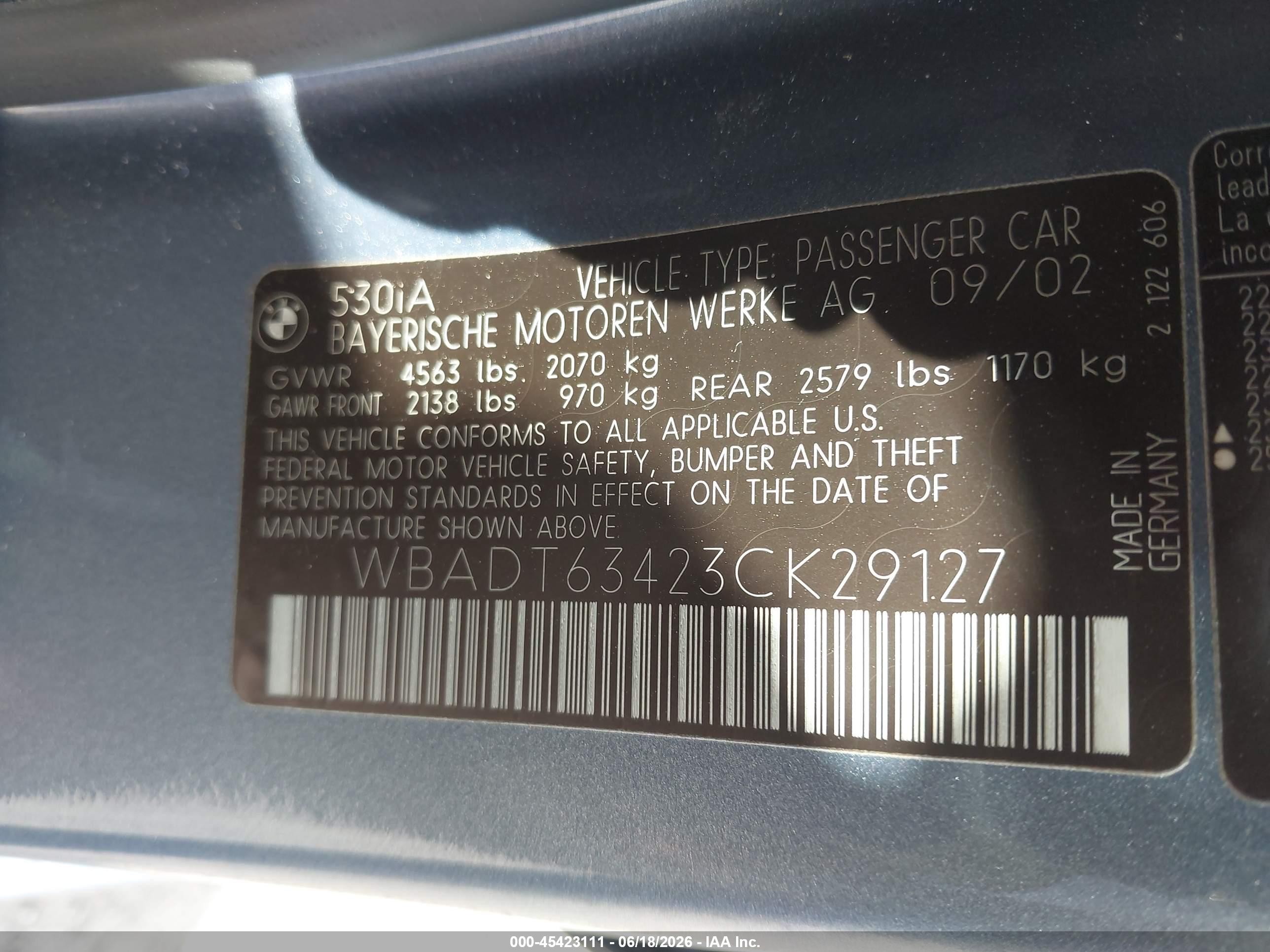 2003 Bmw 530ia Light Blue vin: WBADT63423CK29127