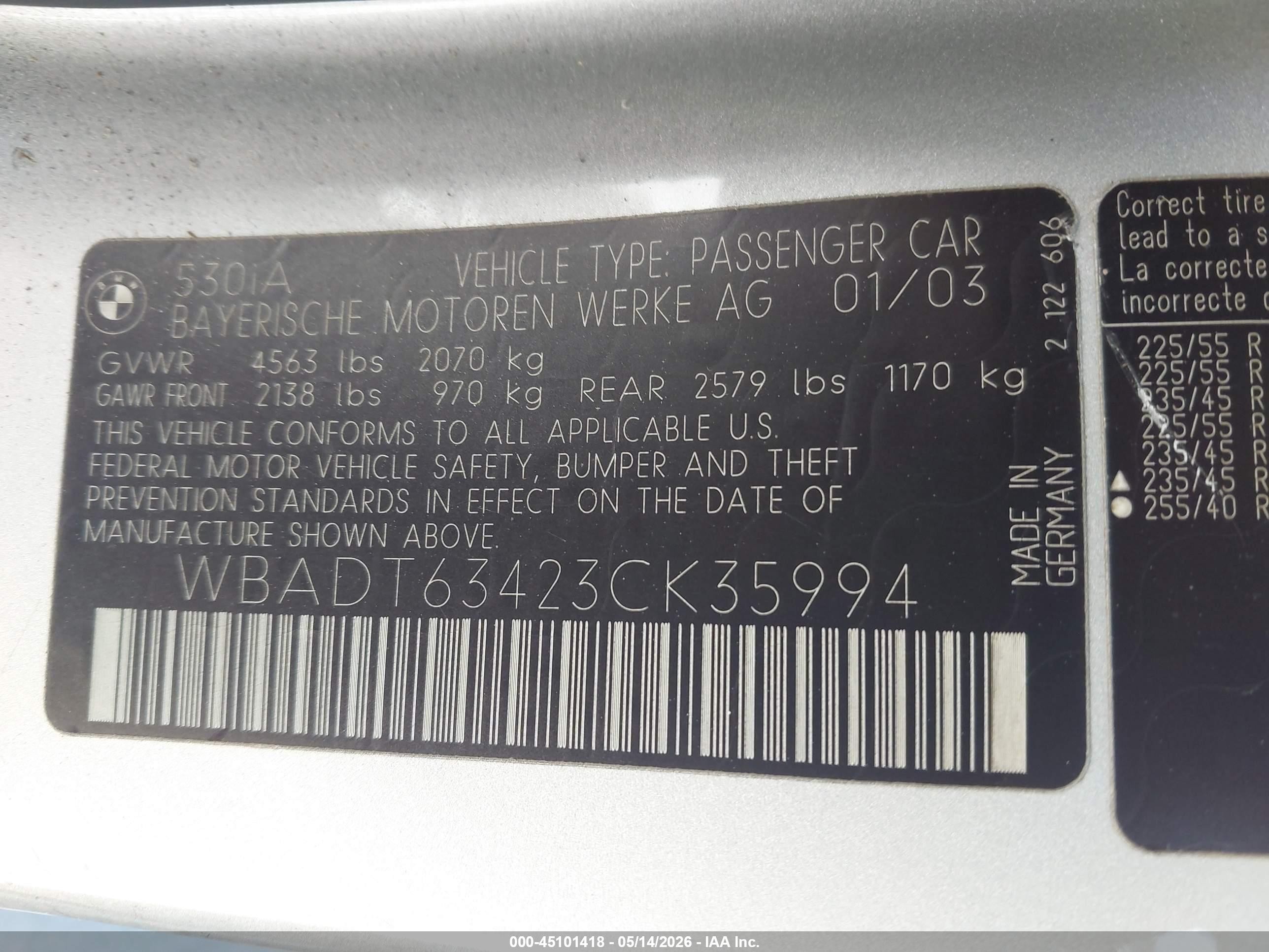 2003 Bmw 530ia   Silver vin: WBADT63423CK35994