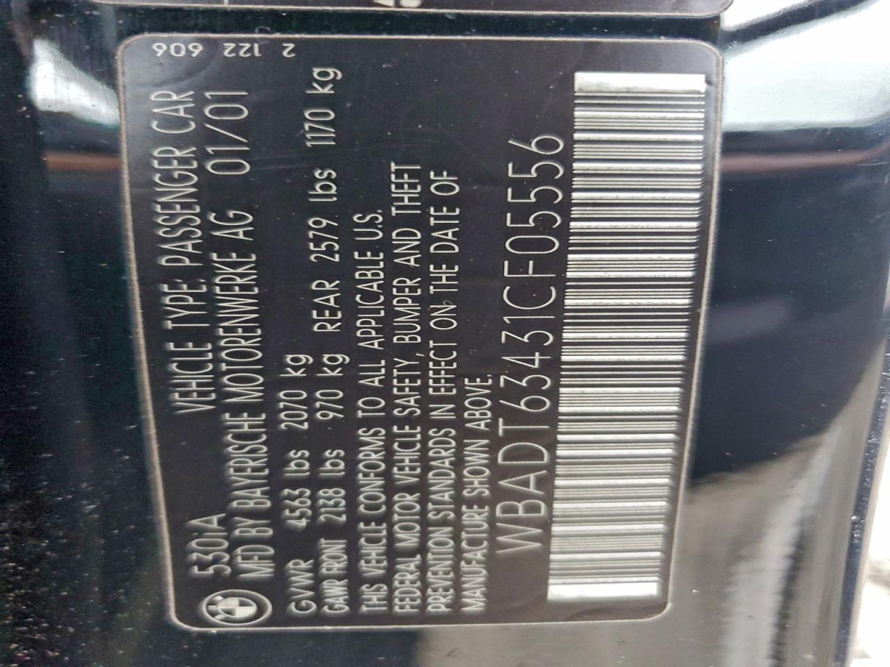 2001 Bmw 530 I Automatic Black vin: WBADT63431CF05556