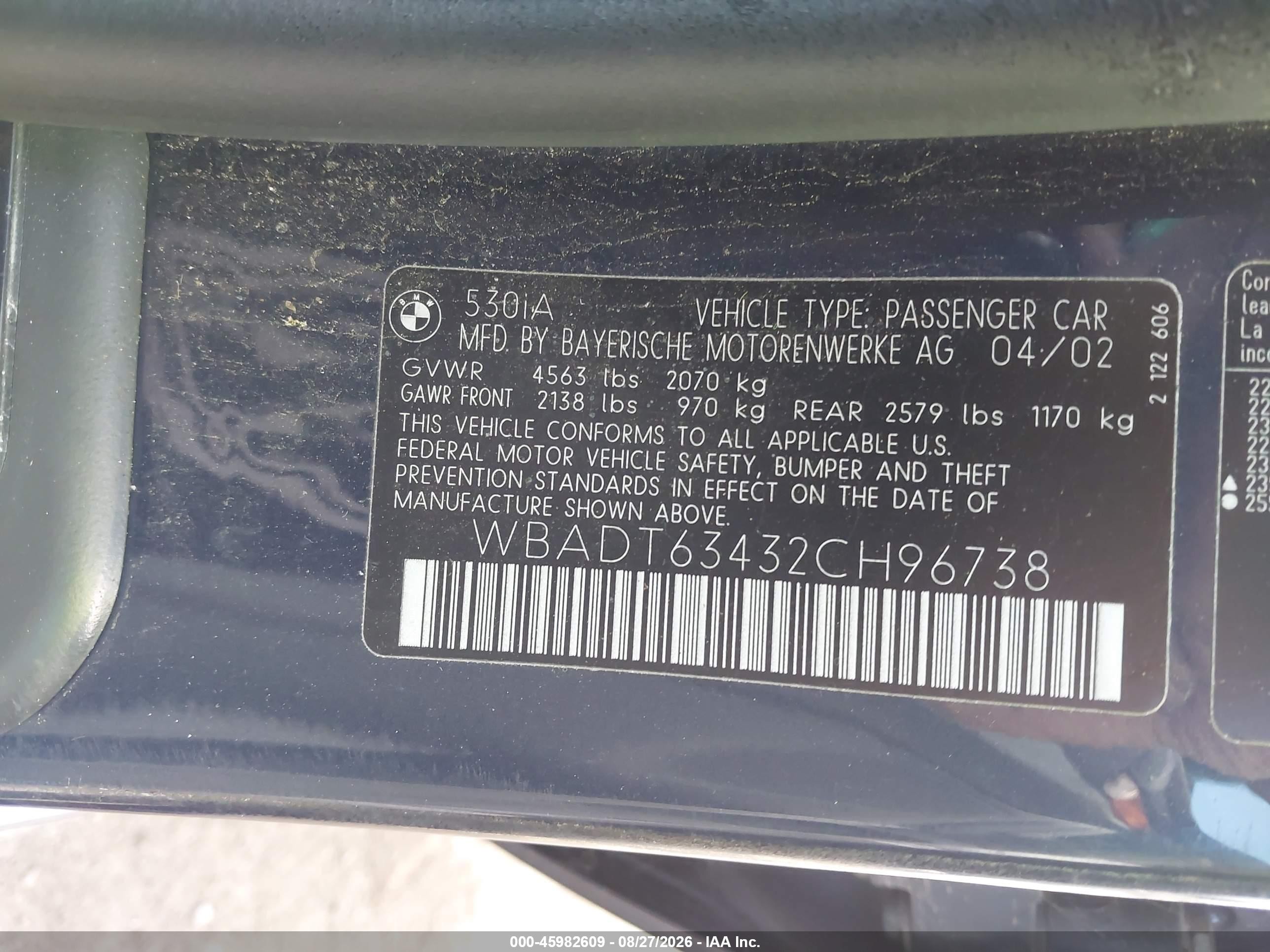 2002 Bmw 530ia   Blue vin: WBADT63432CH96738