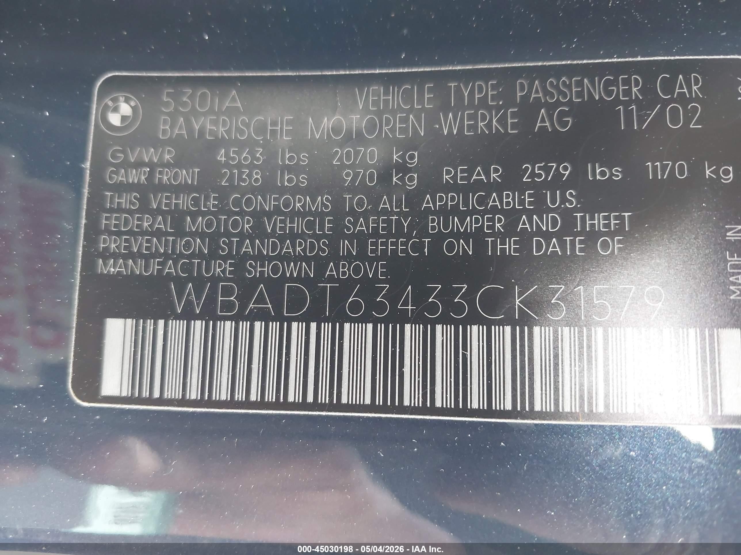 2003 Bmw 530ia   Blue vin: WBADT63433CK31579