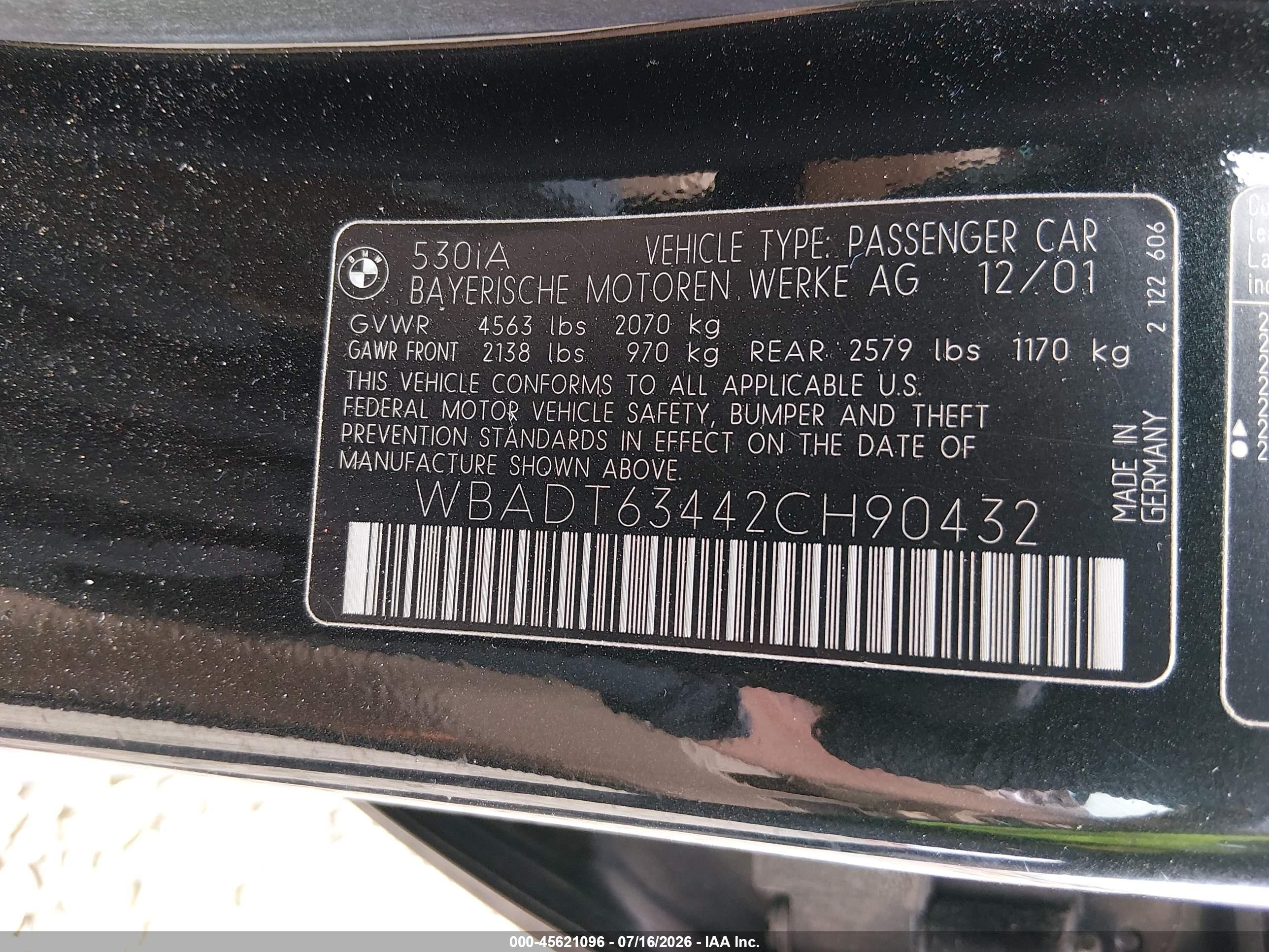 2002 Bmw 5 Series 530ia Black vin: WBADT63442CH90432