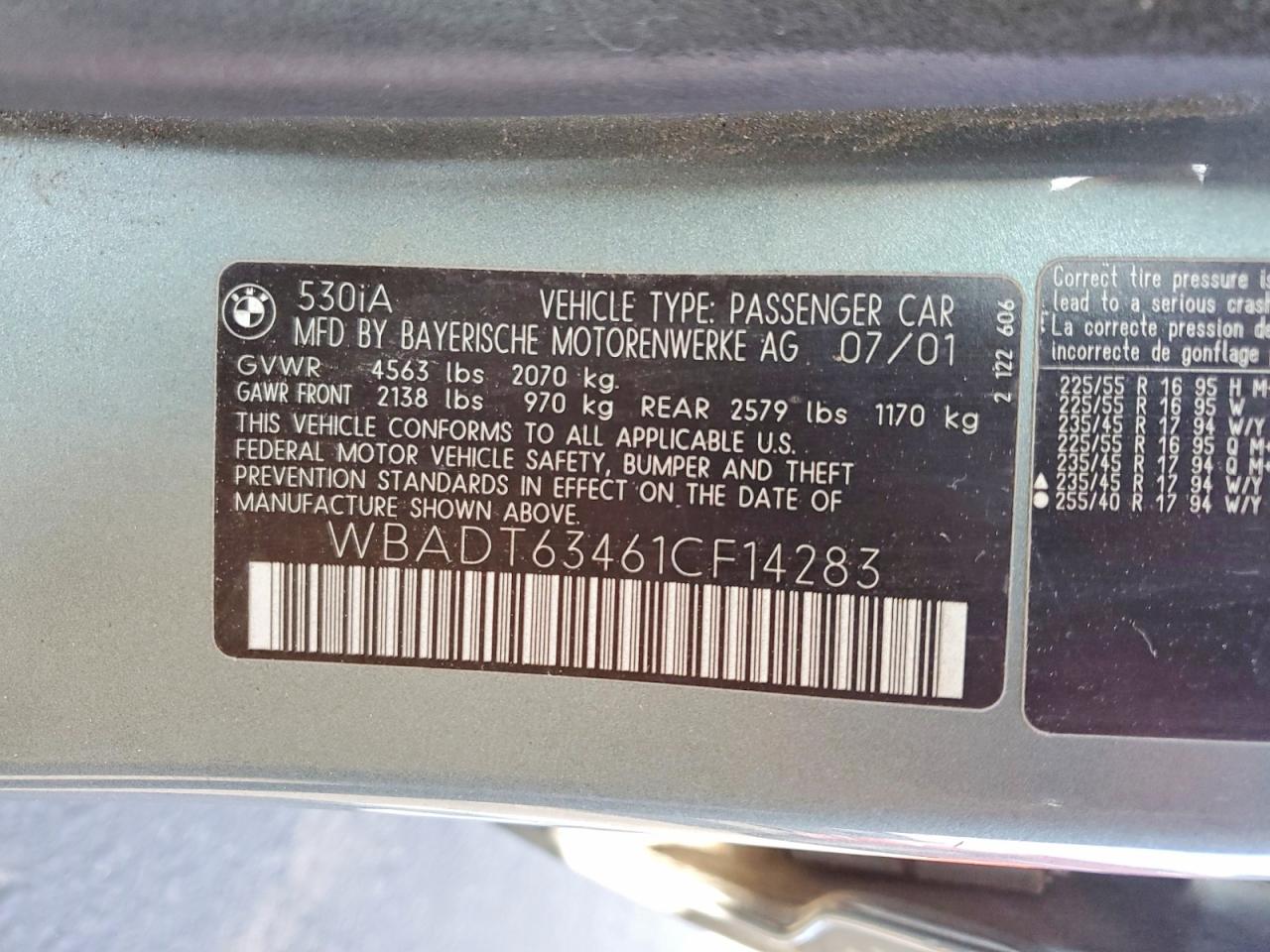 2001 Bmw 530 I Automatic Teal vin: WBADT63461CF14283