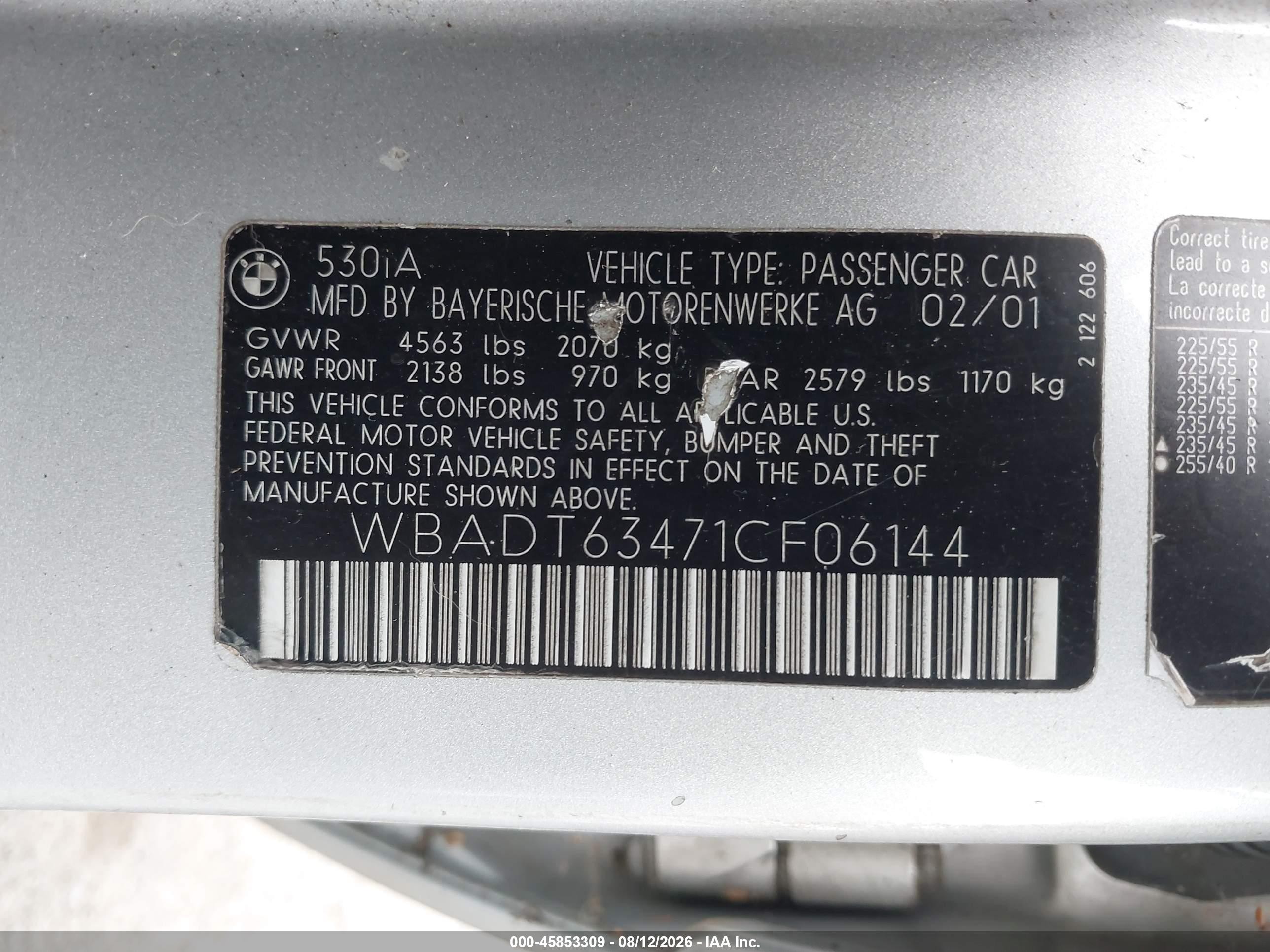 2001 Bmw 530ia   Серебряный vin: WBADT63471CF06144