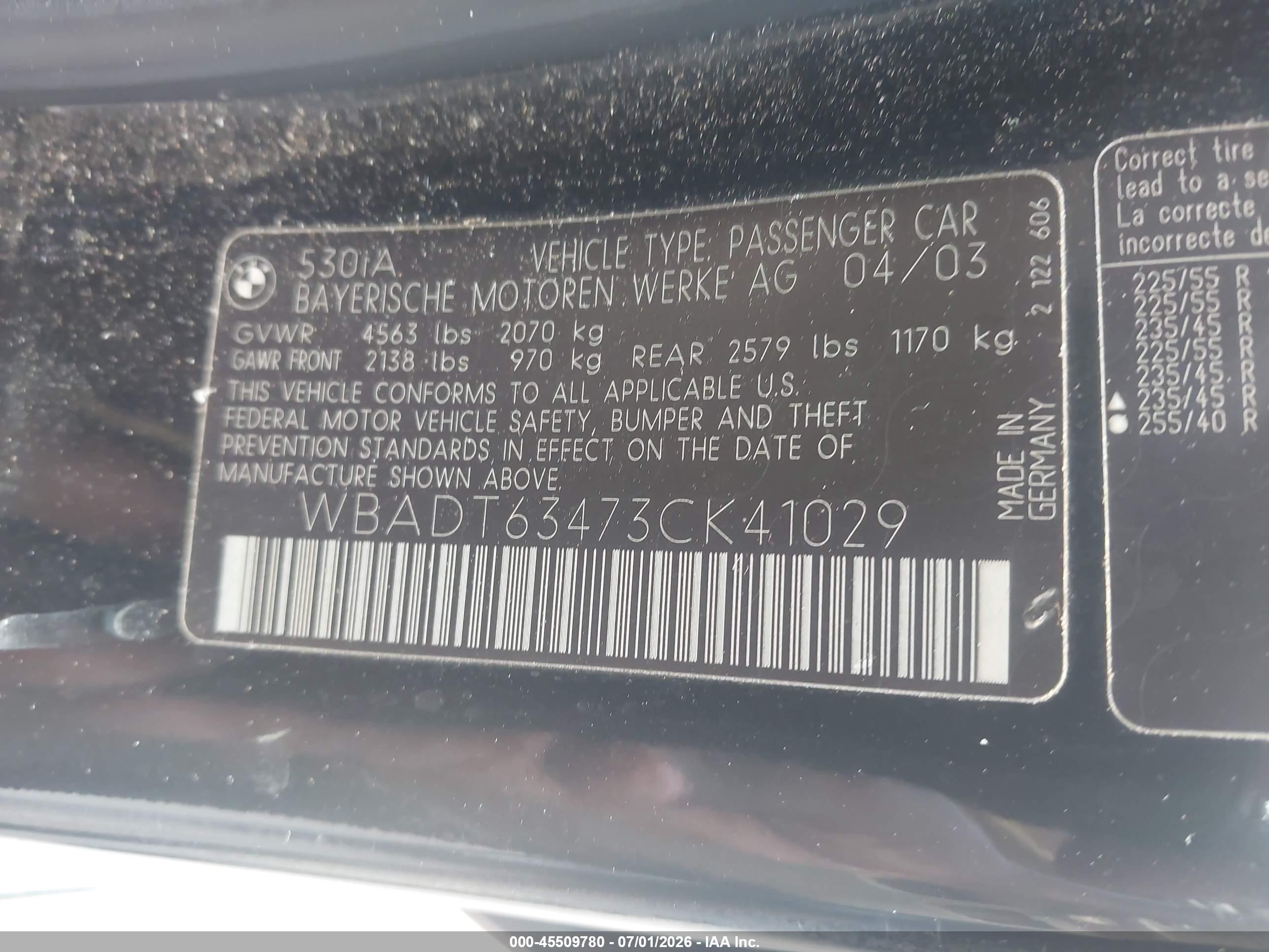 2003 Bmw 5 Series 530ia Black vin: WBADT63473CK41029