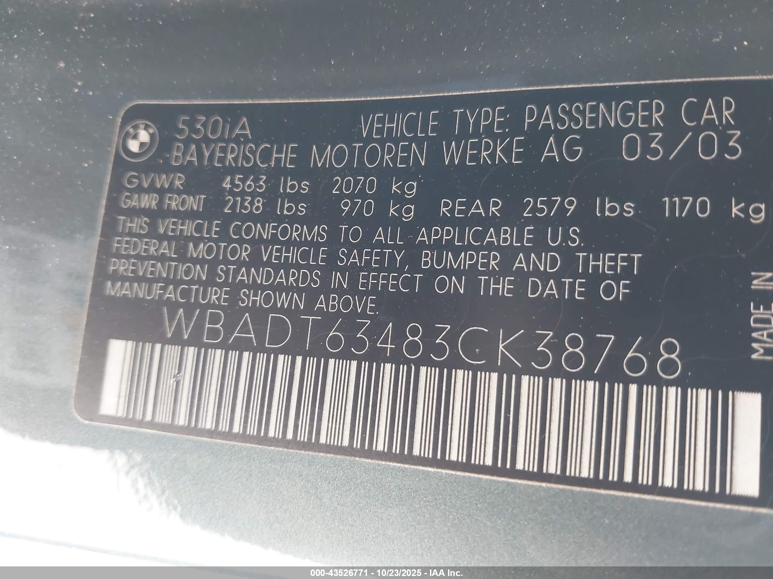 2003 Bmw 530ia   Gray vin: WBADT63483CK38768