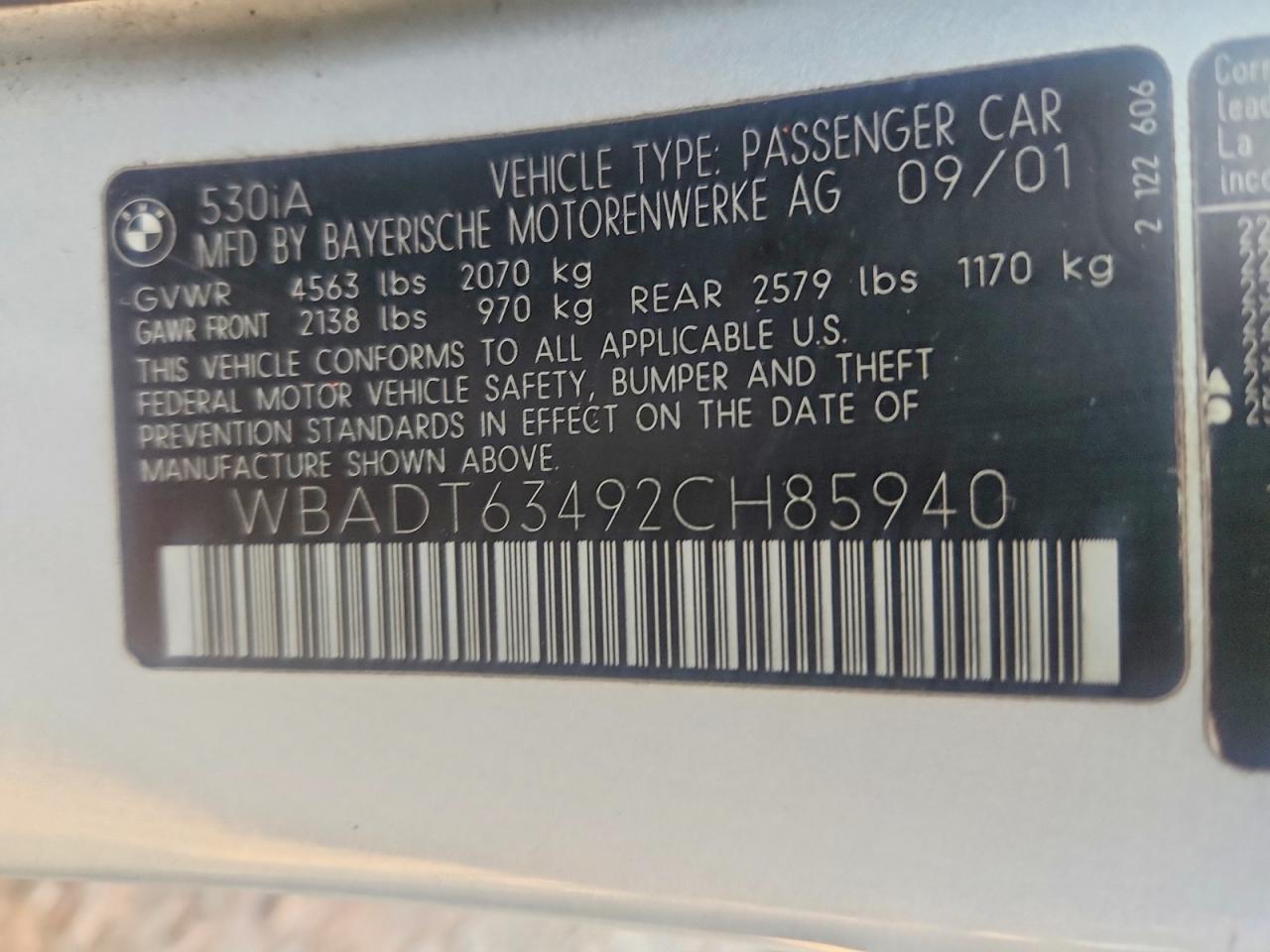 2002 Bmw 530 I Automatic Silver vin: WBADT63492CH85940