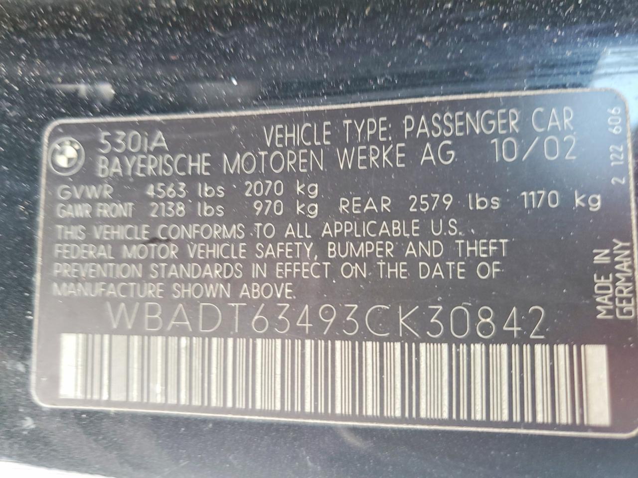 2003 Bmw 530 I Automatic Charcoal vin: WBADT63493CK30842