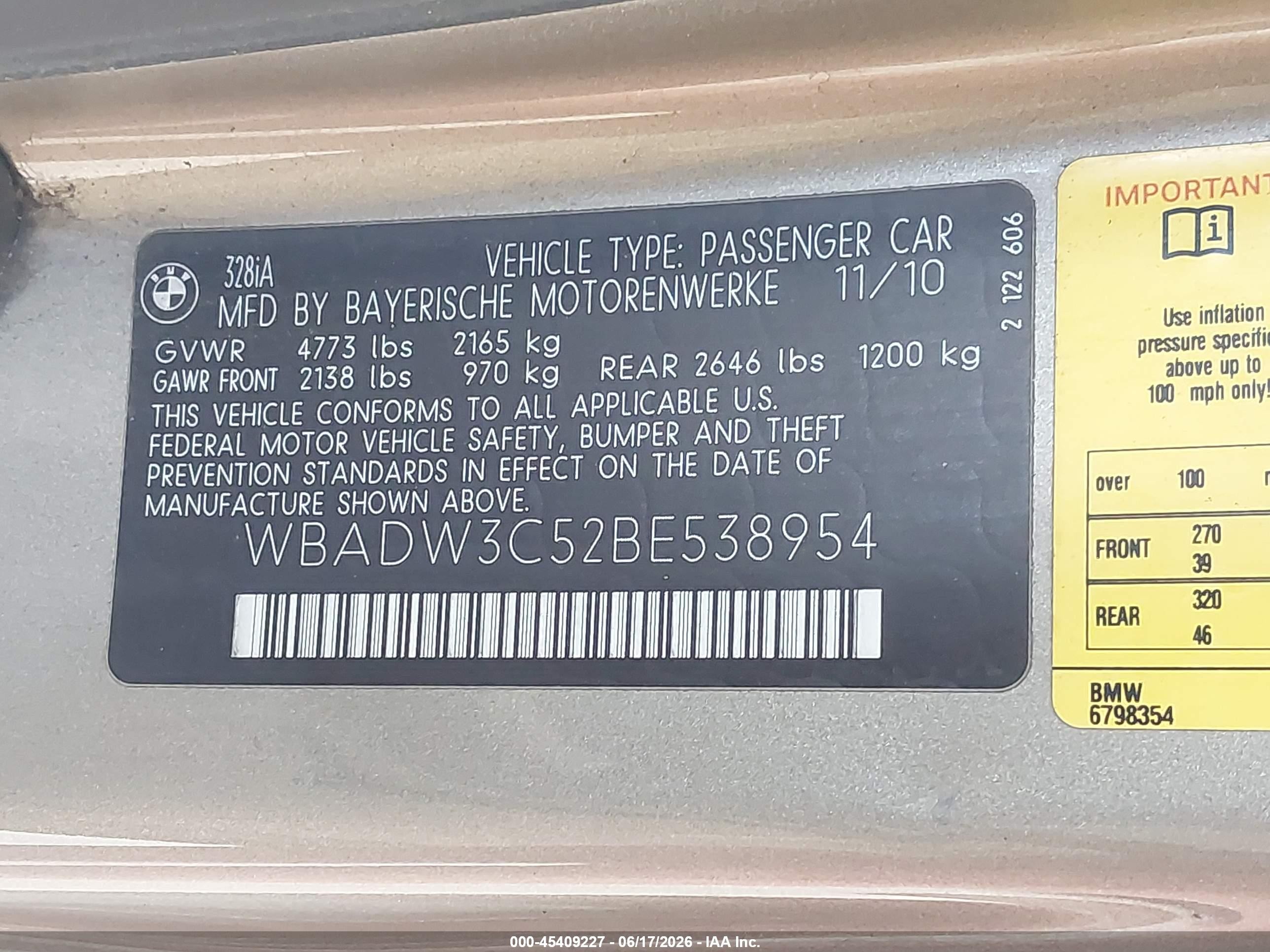 2011 Bmw 328i   Champagne vin: WBADW3C52BE538954