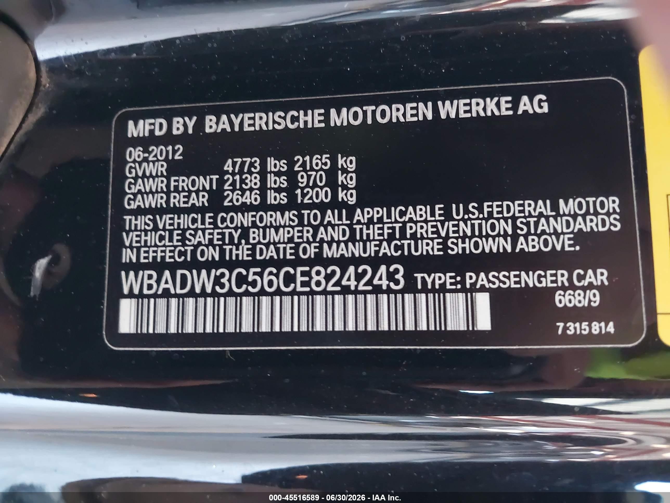 2012 Bmw 328i Черный vin: WBADW3C56CE824243