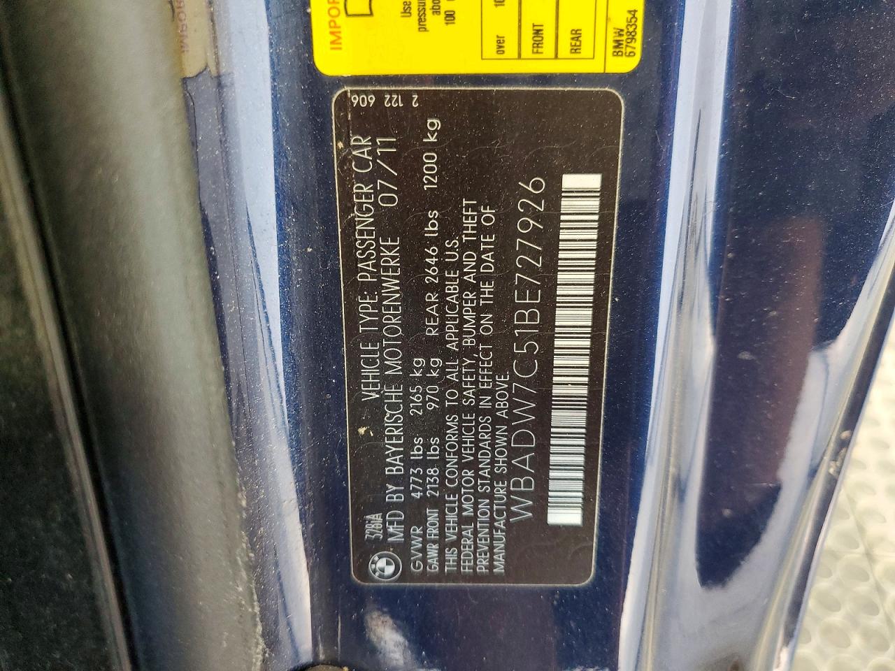 2011 Bmw 328 I Sulev Blue vin: WBADW7C51BE727926
