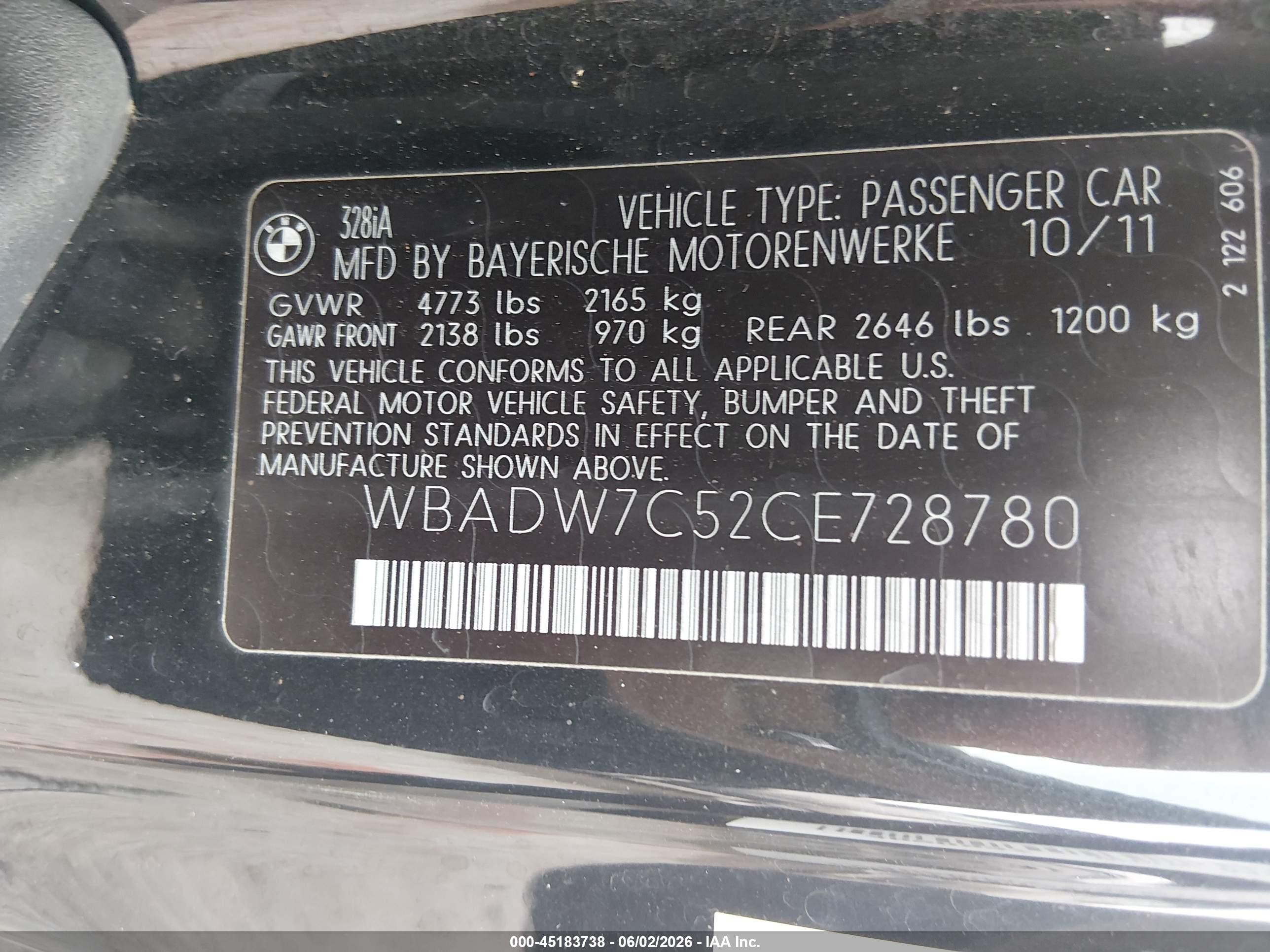 2012 Bmw 328i   Black vin: WBADW7C52CE728780