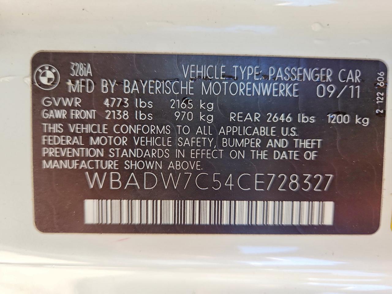 2012 Bmw 328 I Sulev Белый vin: WBADW7C54CE728327