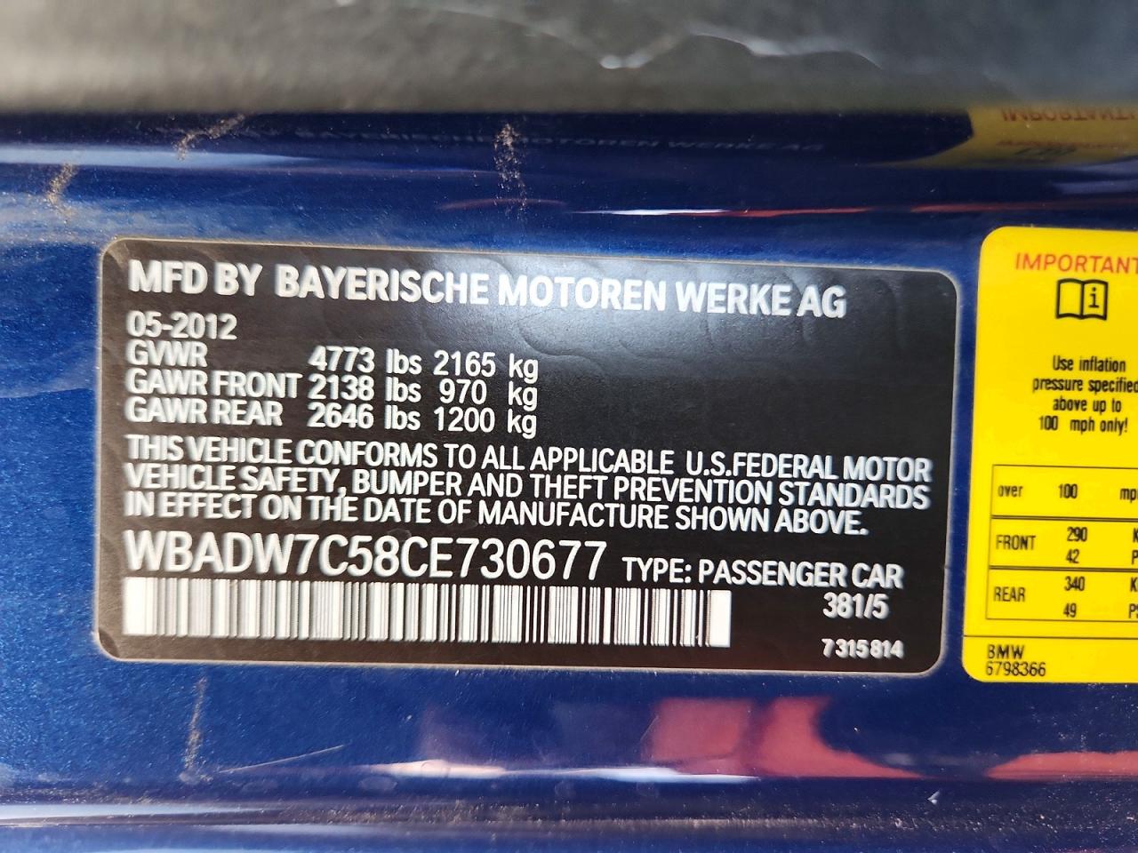 2012 Bmw 328 I Sulev Blue vin: WBADW7C58CE730677