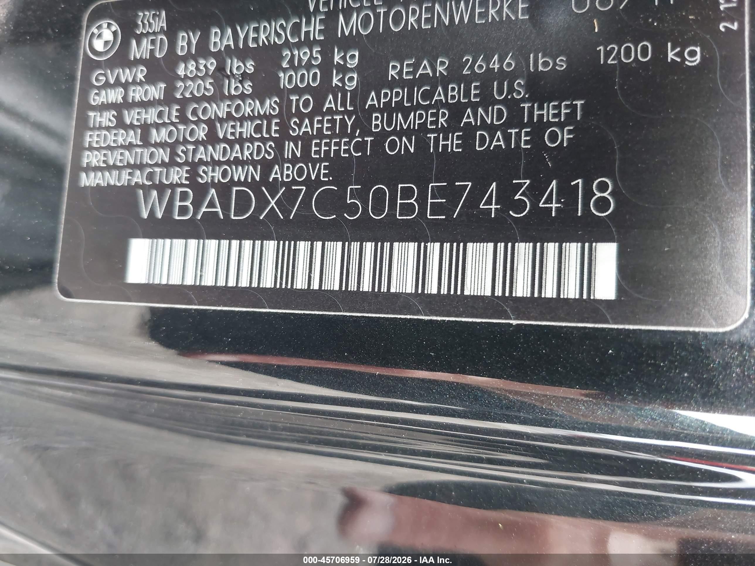 2011 Bmw 335i   Black vin: WBADX7C50BE743418