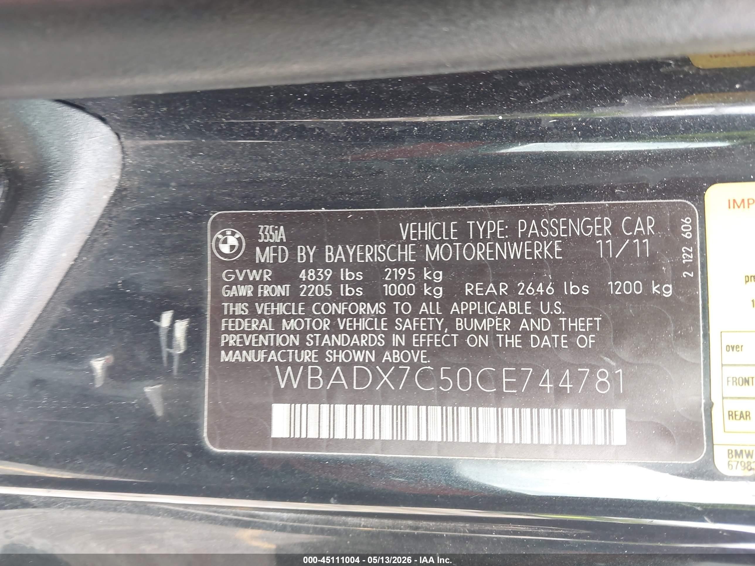 2012 Bmw 335i   Black vin: WBADX7C50CE744781