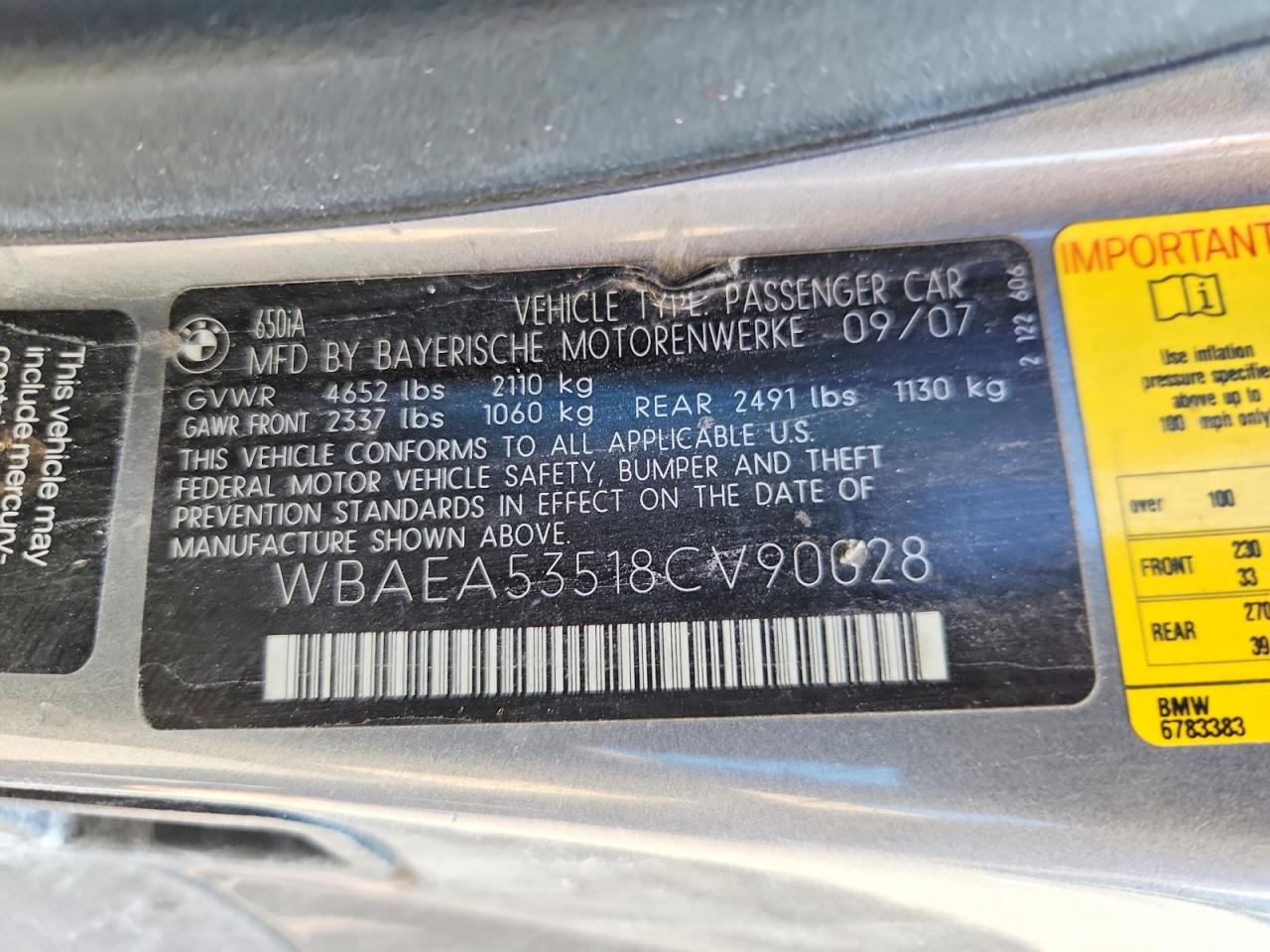 2008 Bmw 650 I Gray vin: WBAEA53518CV90028